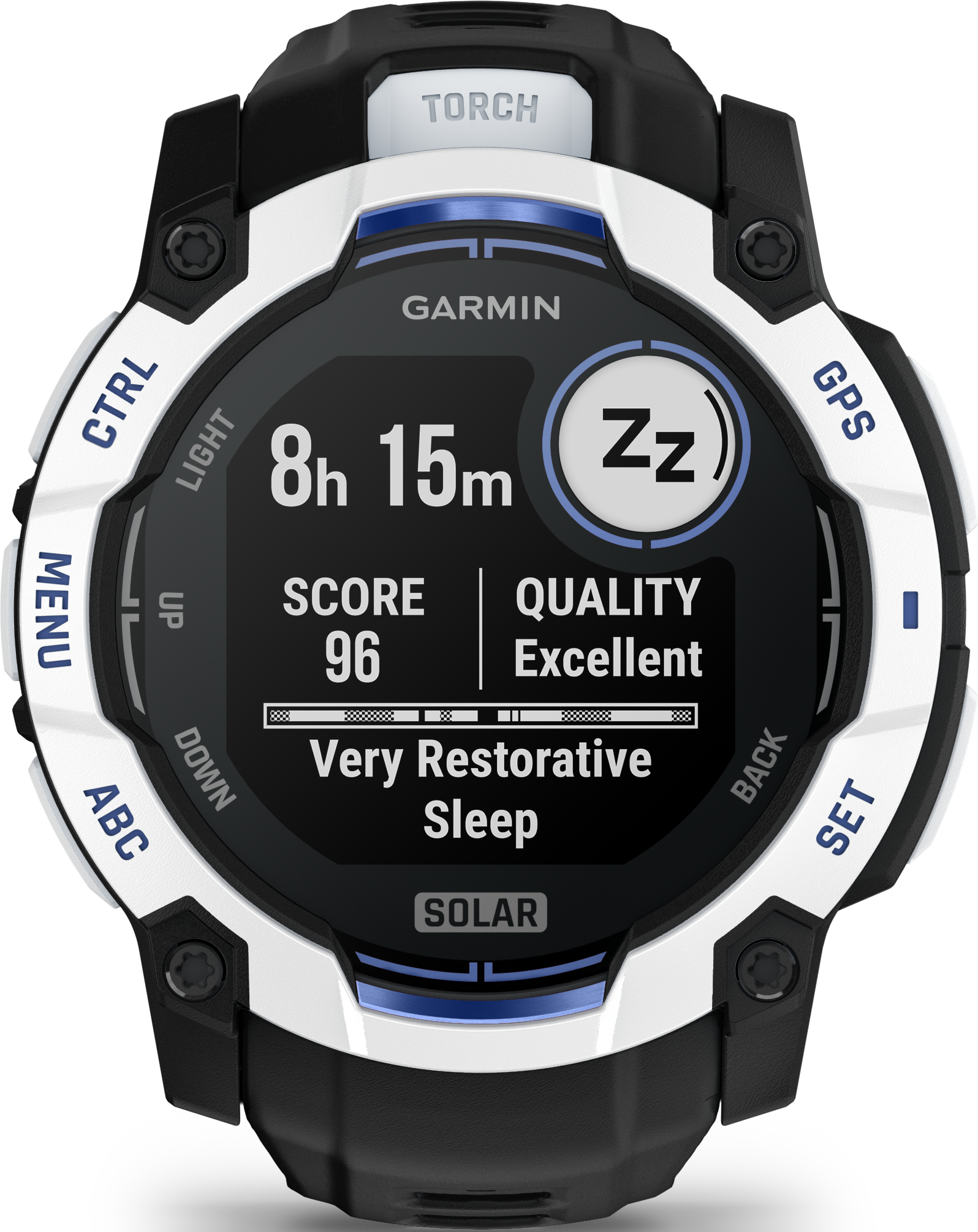 Smartwatch Garmin mostra 8h 15m di sonno, punteggio 96, qualità eccellente, sonno molto riposante.