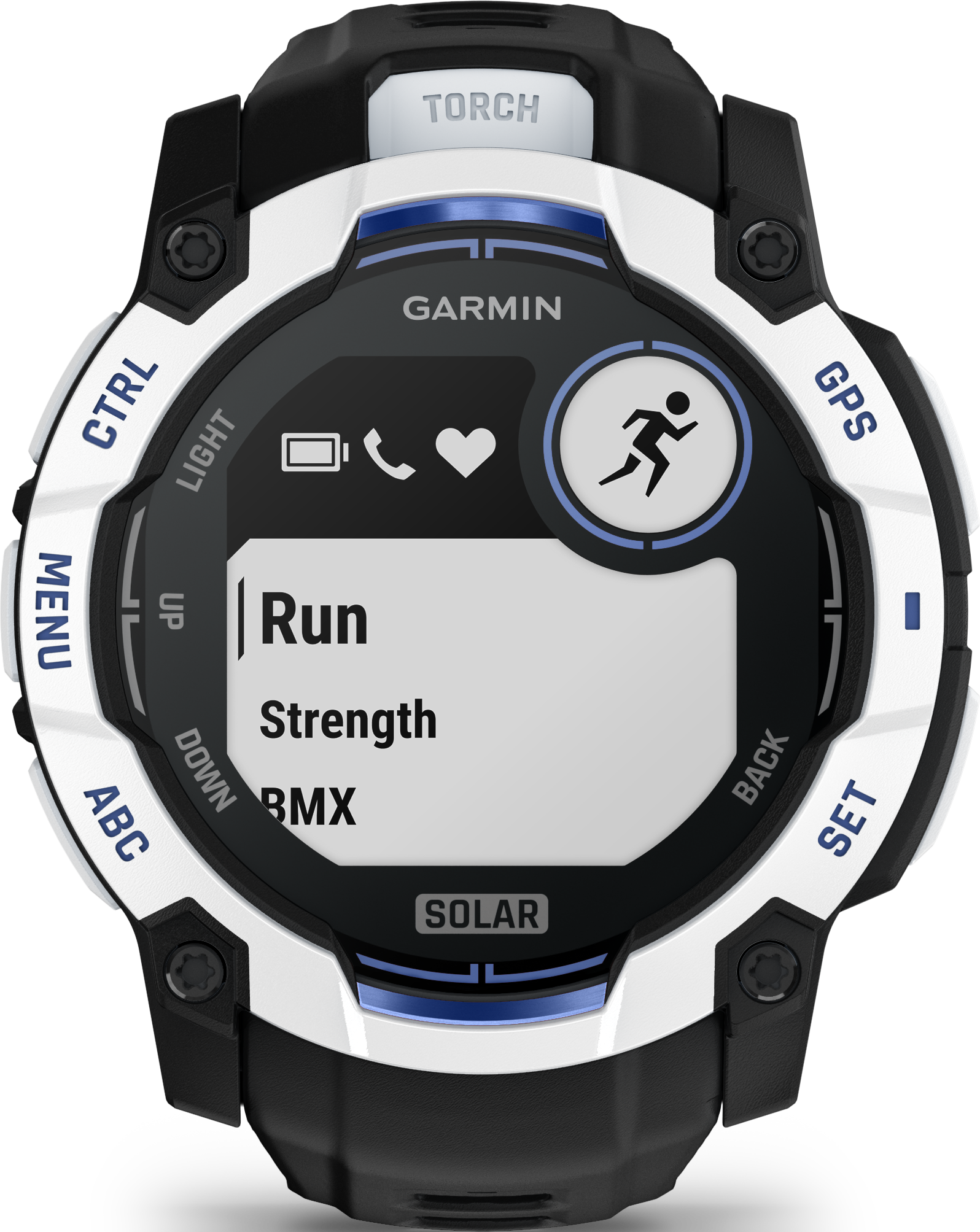 Smartwatch Garmin con icona corsa, display batteria e battito cardiaco.