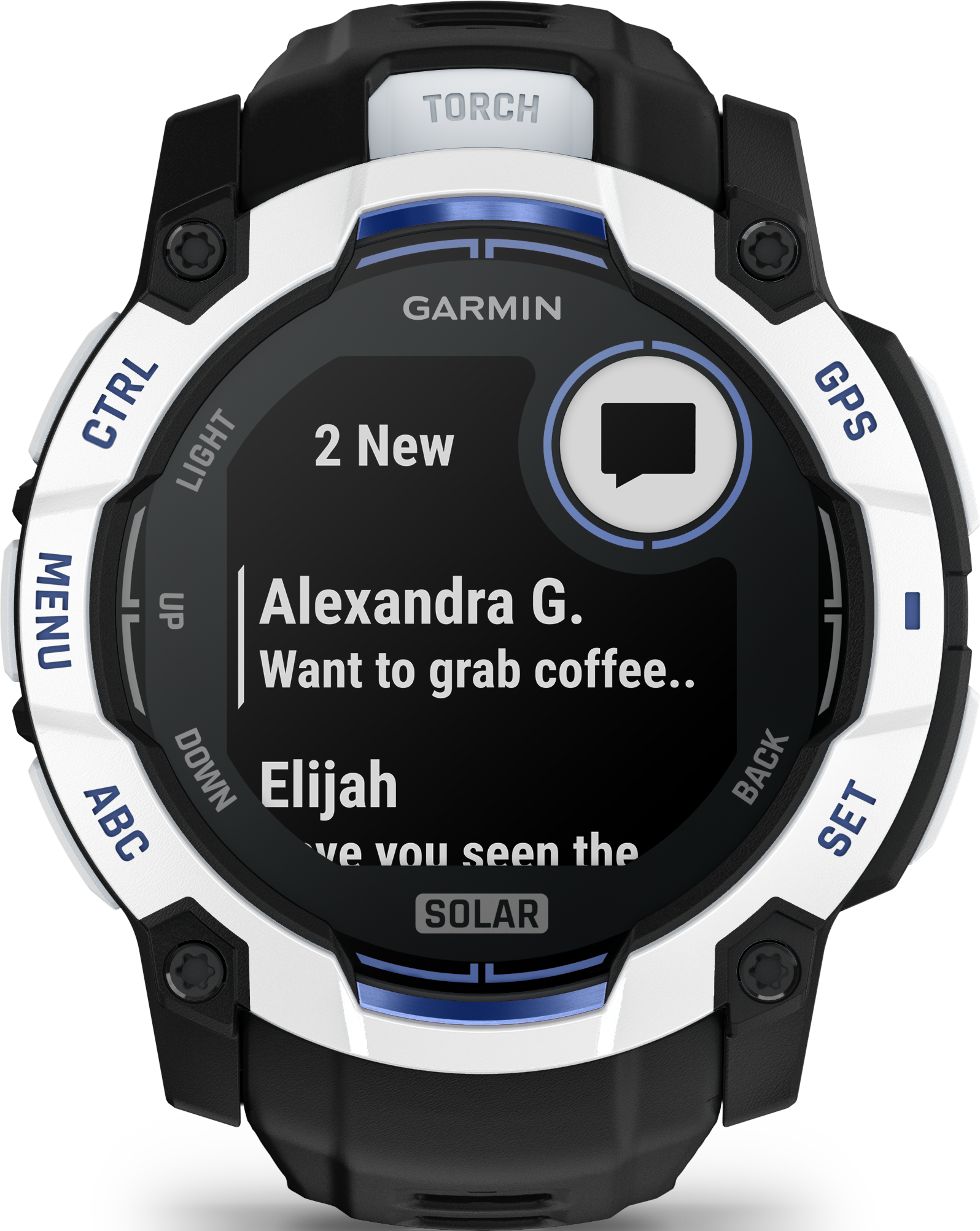 Smartwatch Garmin che mostra messaggi. "Alexandra G. Vuoi prendere un caffè.."