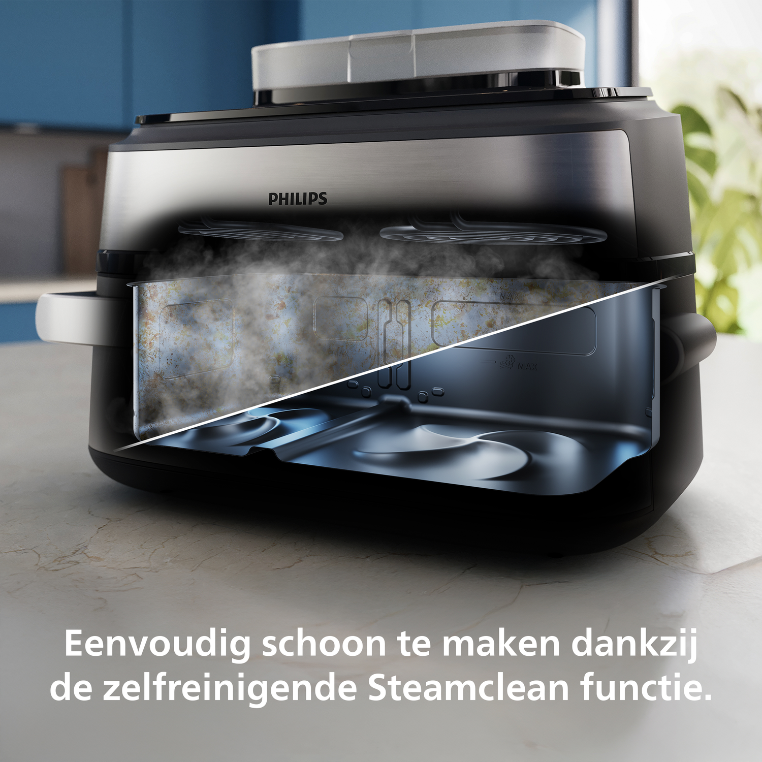 Philips Airfryer: one side shows steam, the other the clean interior.