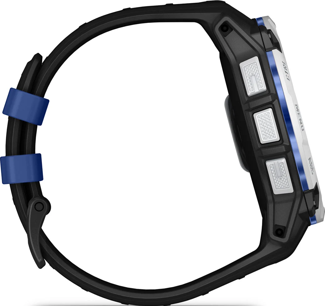 Smartwatch nero con accenti blu e pulsanti argentati.