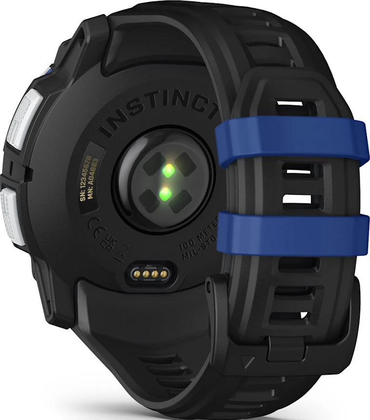 Retro di uno smartwatch nero con sensore di frequenza cardiaca e fermagli blu.
