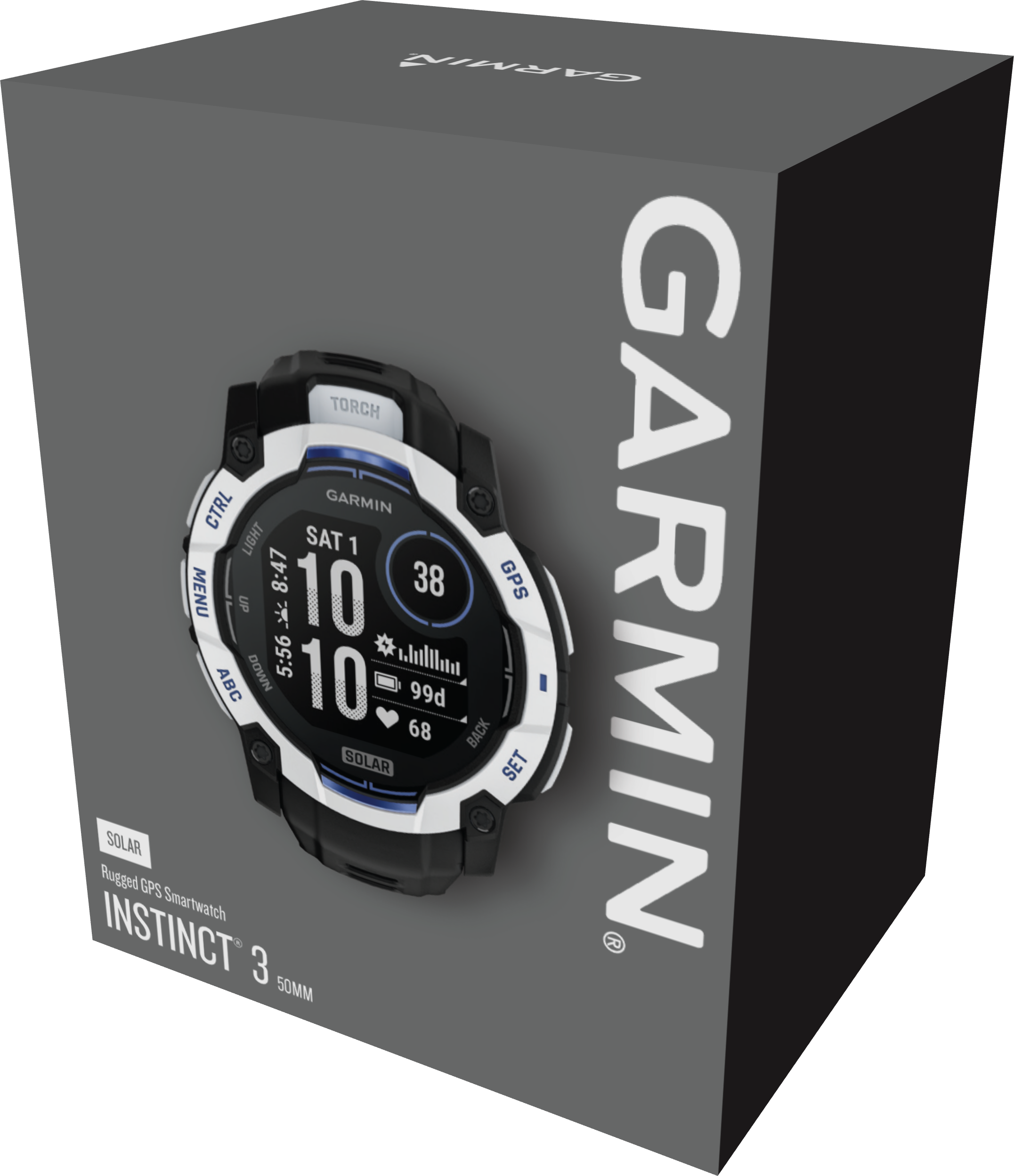 Orologio GPS robusto Garmin Instinct 3 Solar su sfondo scuro.