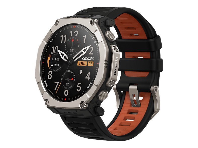 AMAZFIT T-Rex Ultra 2 Smartwatch Faserverstärkter Polymer (Lünette, Knöpfe, Rückseite: Titan Grad 5) Silikon, 145-215 mm, Schwarzes Magma
