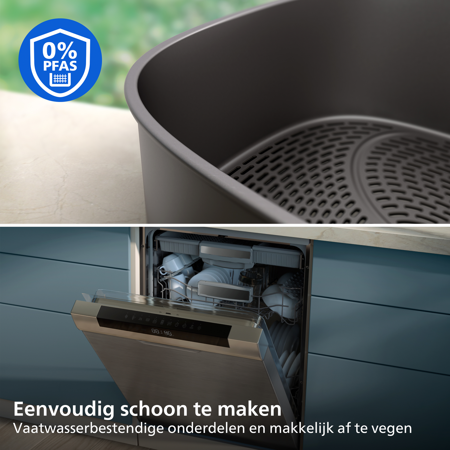 An air fryer basket with a 0% PFAS seal and an open dishwasher.