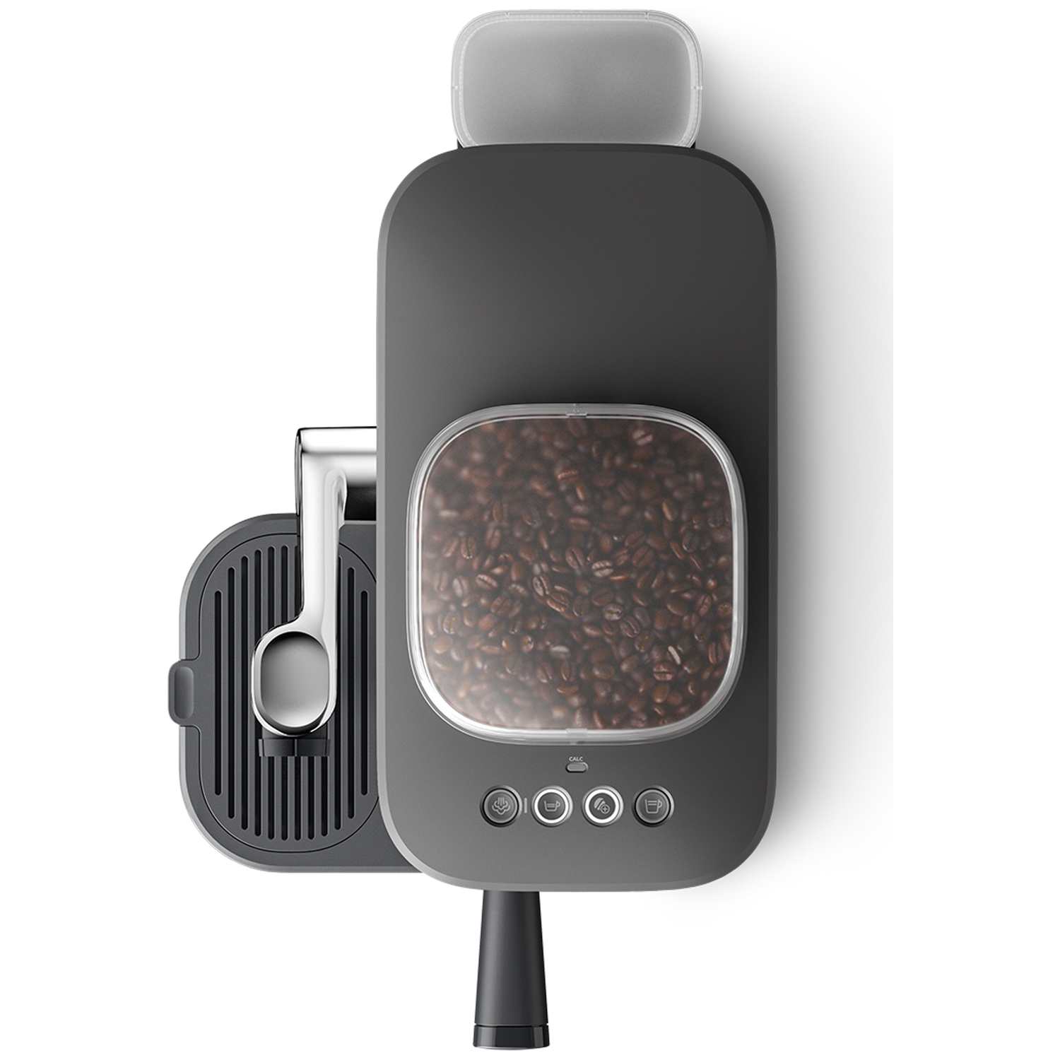 Dark gray coffee machine with transparent bean container and silver lever.