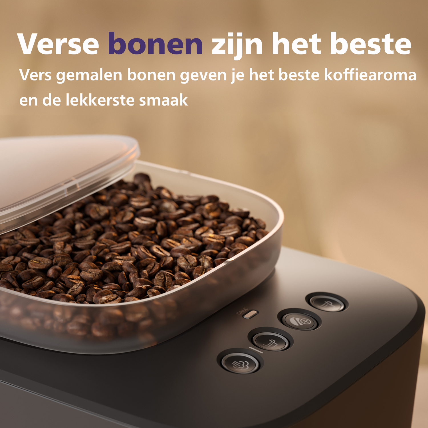 Container of coffee beans on a coffee machine with control buttons.