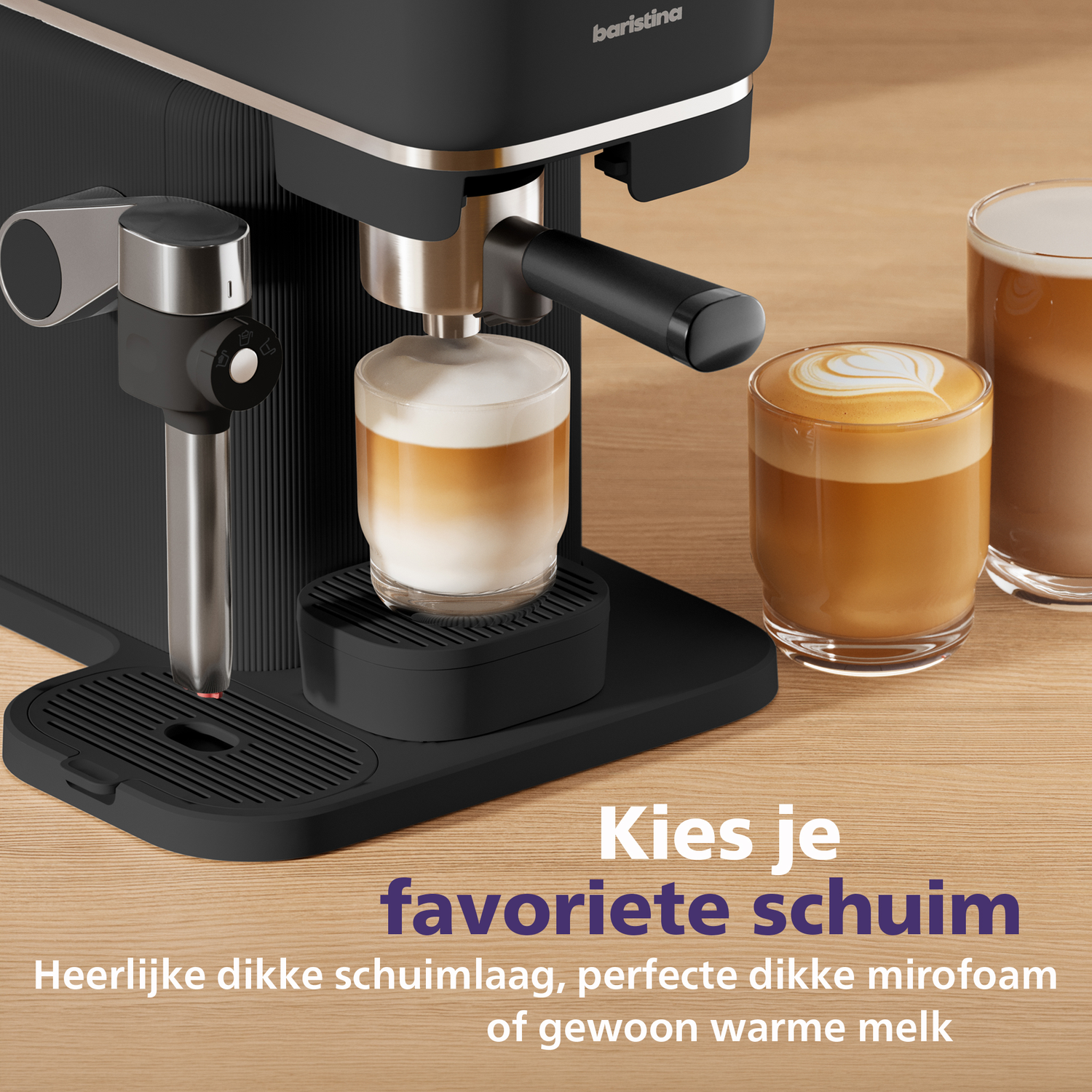 A black coffee machine with two glasses of milk foam on a wooden background.