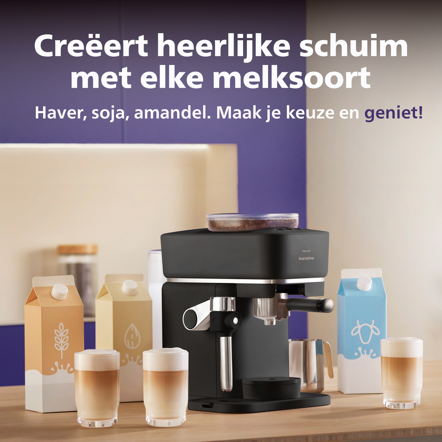 Coffee machine with milk cartons and latte macchiato glasses.