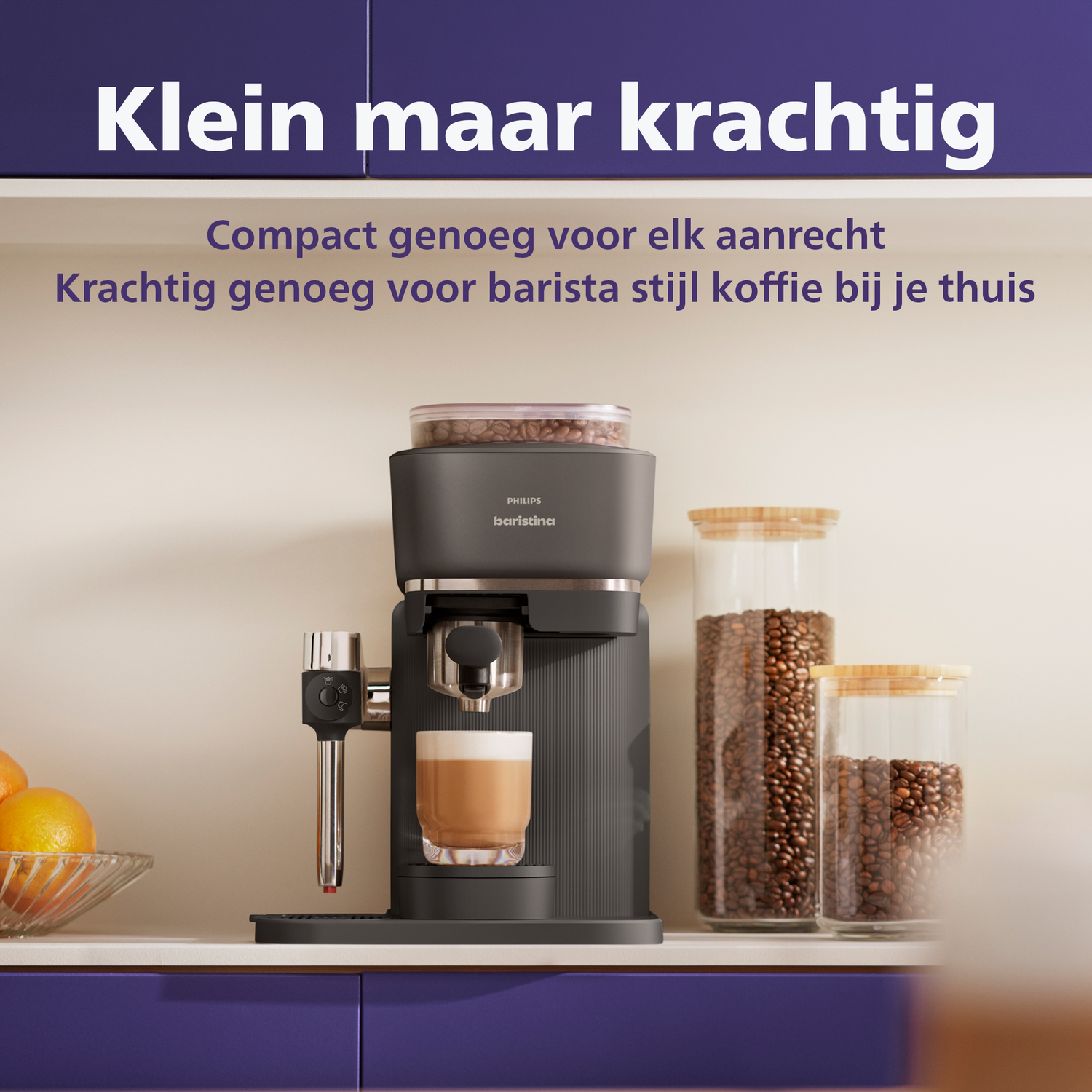 A black coffee machine with a glass of coffee, next to coffee bean jars.