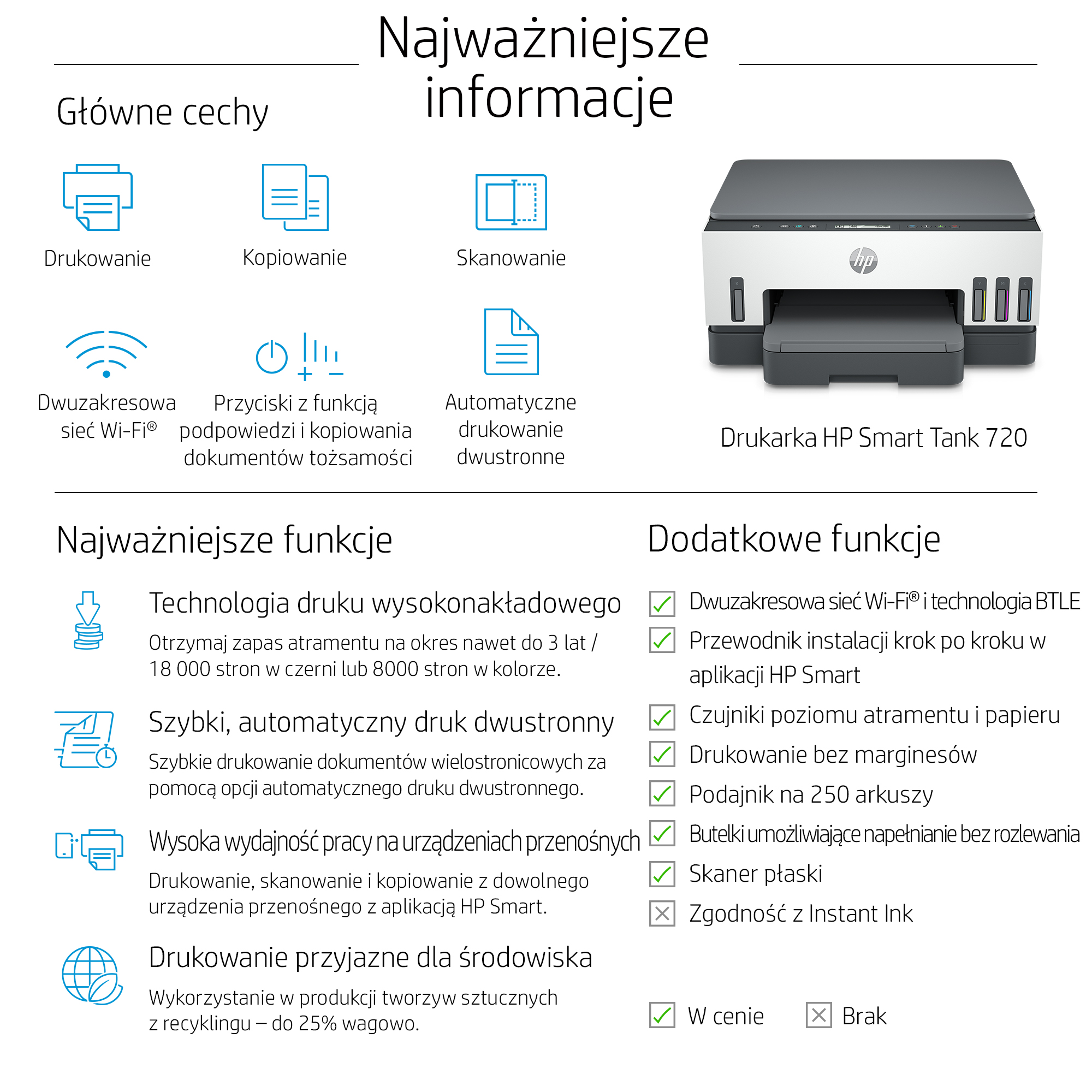 Drukarka HP Smart Tank 720 z funkcjami drukowania, kopiowania, skanowania, Wi-Fi.