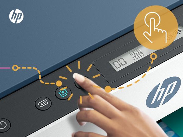 Dłoń naciska przycisk na niebieskiej drukarce HP z ekranem dotykowym.
