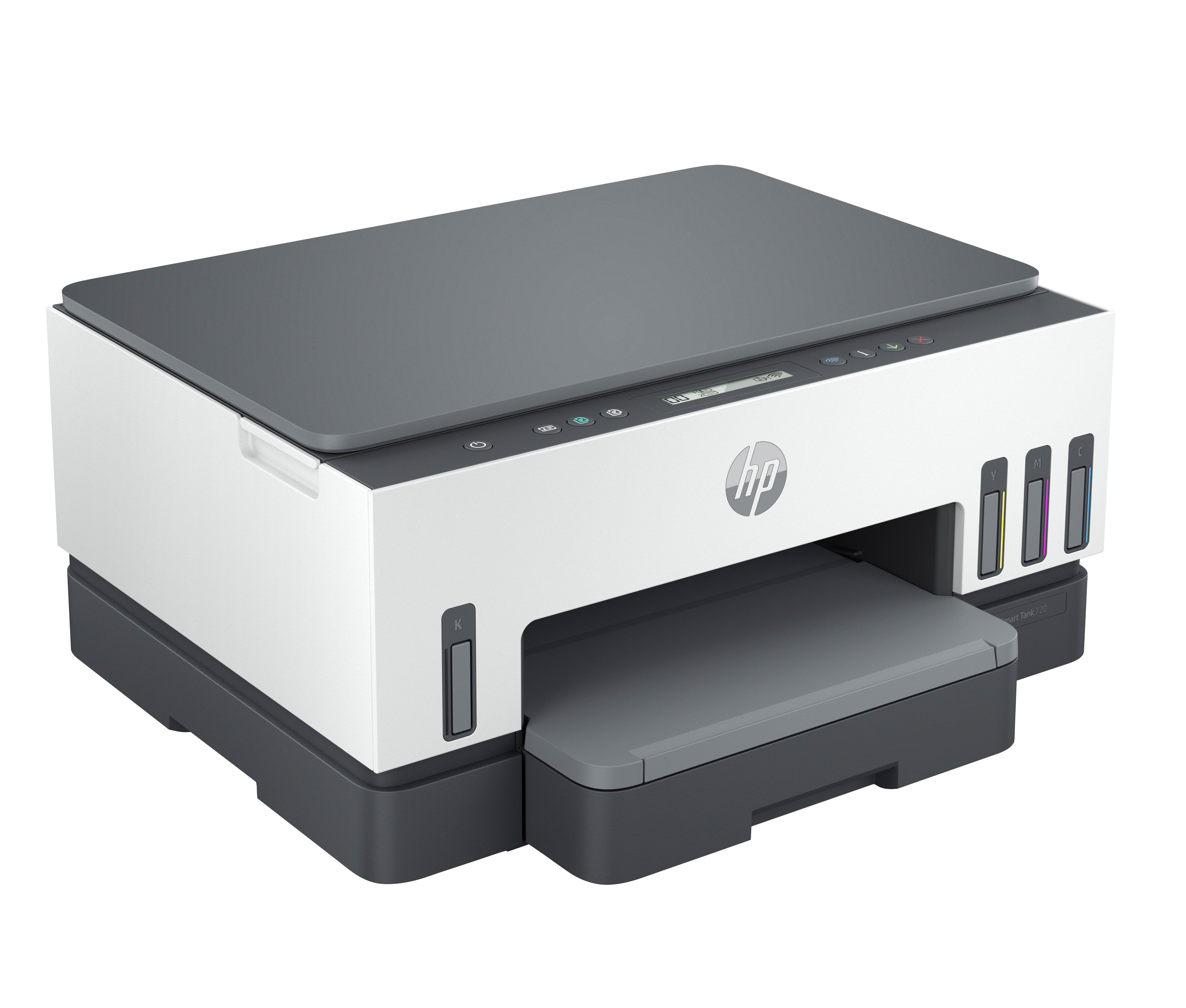 Biało-szara drukarka HP z widocznymi zbiornikami na tusz.