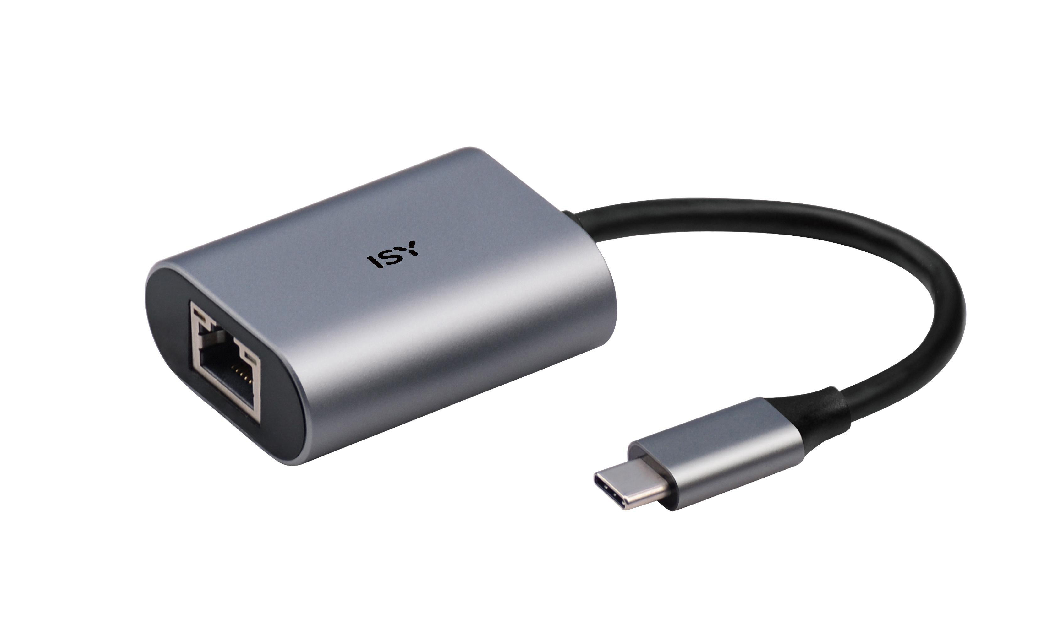 Szary adapter USB-C do Ethernet z czarnym kablem i logo ISY.