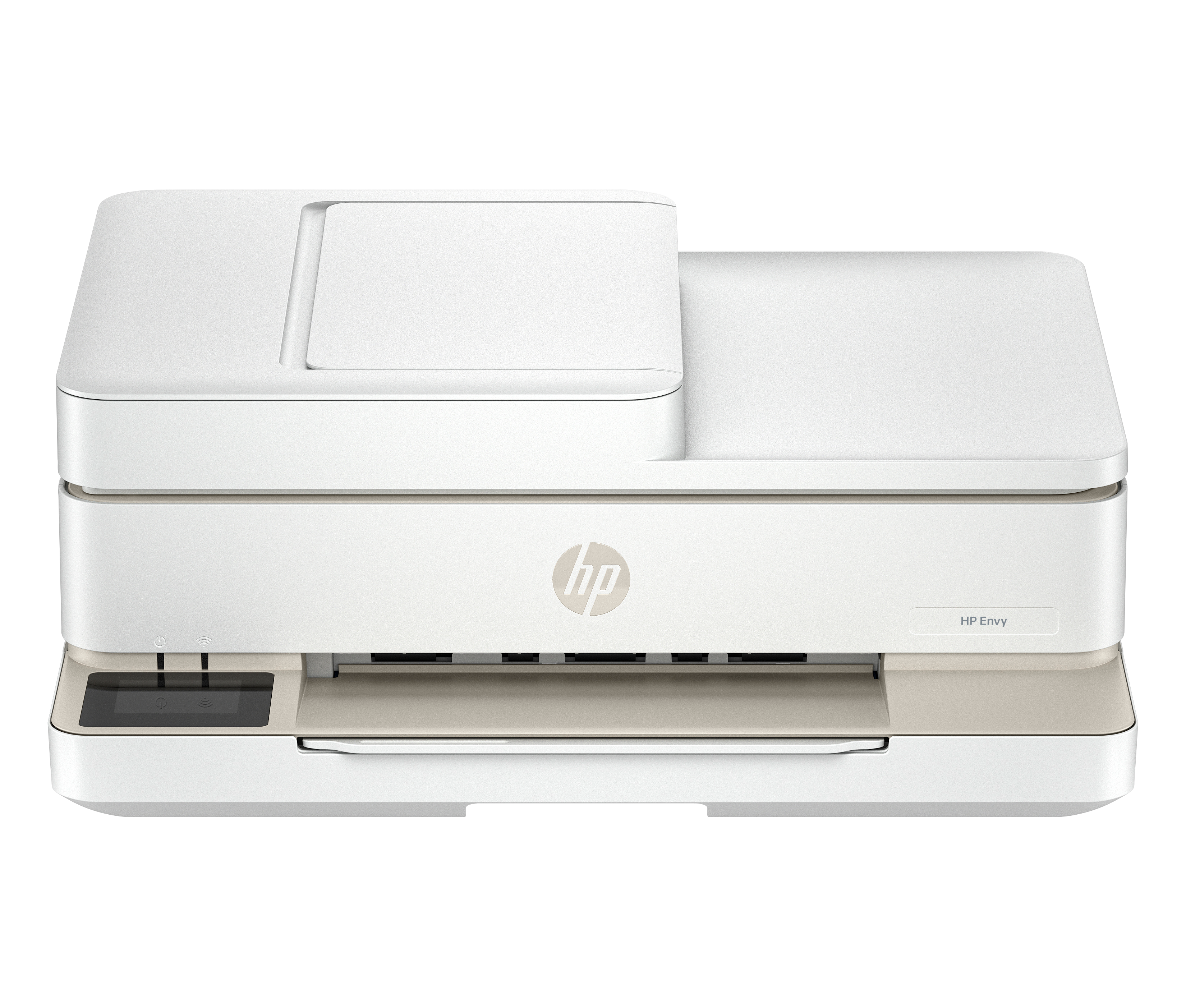 Biała drukarka HP Envy z ekranem dotykowym i logo HP.