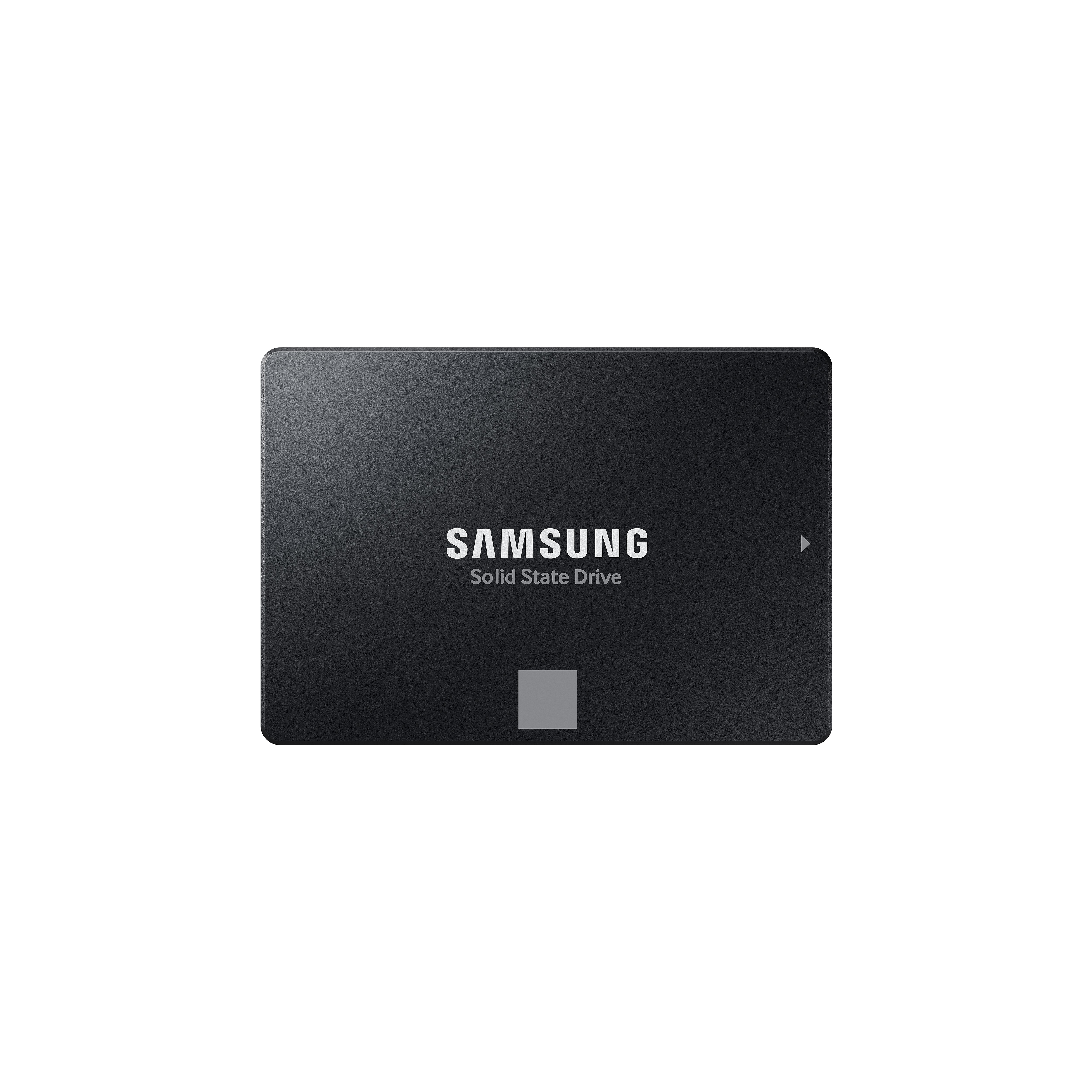 Czarny dysk SSD Samsung z srebrnym logo na białym tle.
