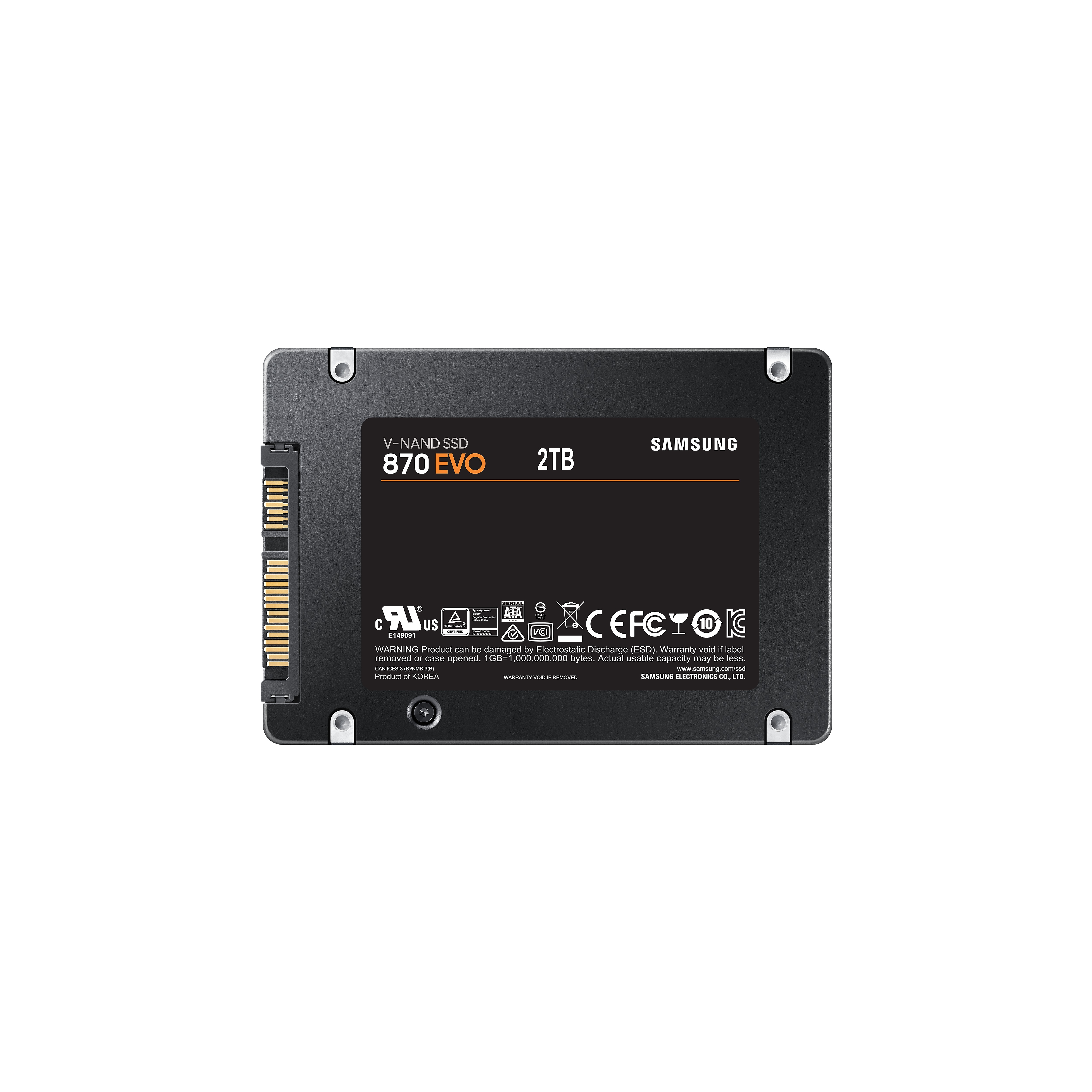 Dysk SSD Samsung 870 EVO 2TB ze złączem SATA i certyfikatami.