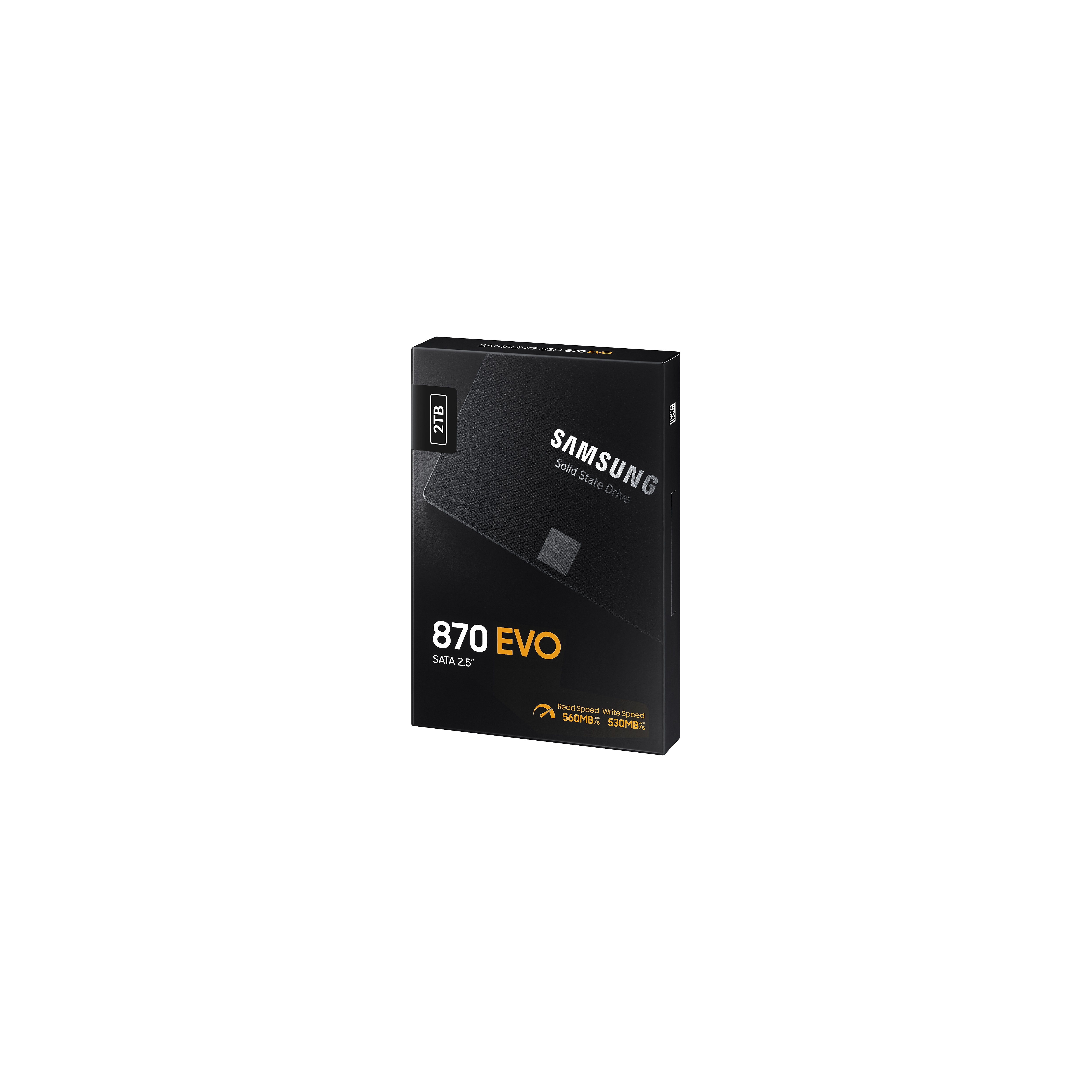 Czarne opakowanie Samsung 870 EVO 2TB SSD ze srebrnym napisem.