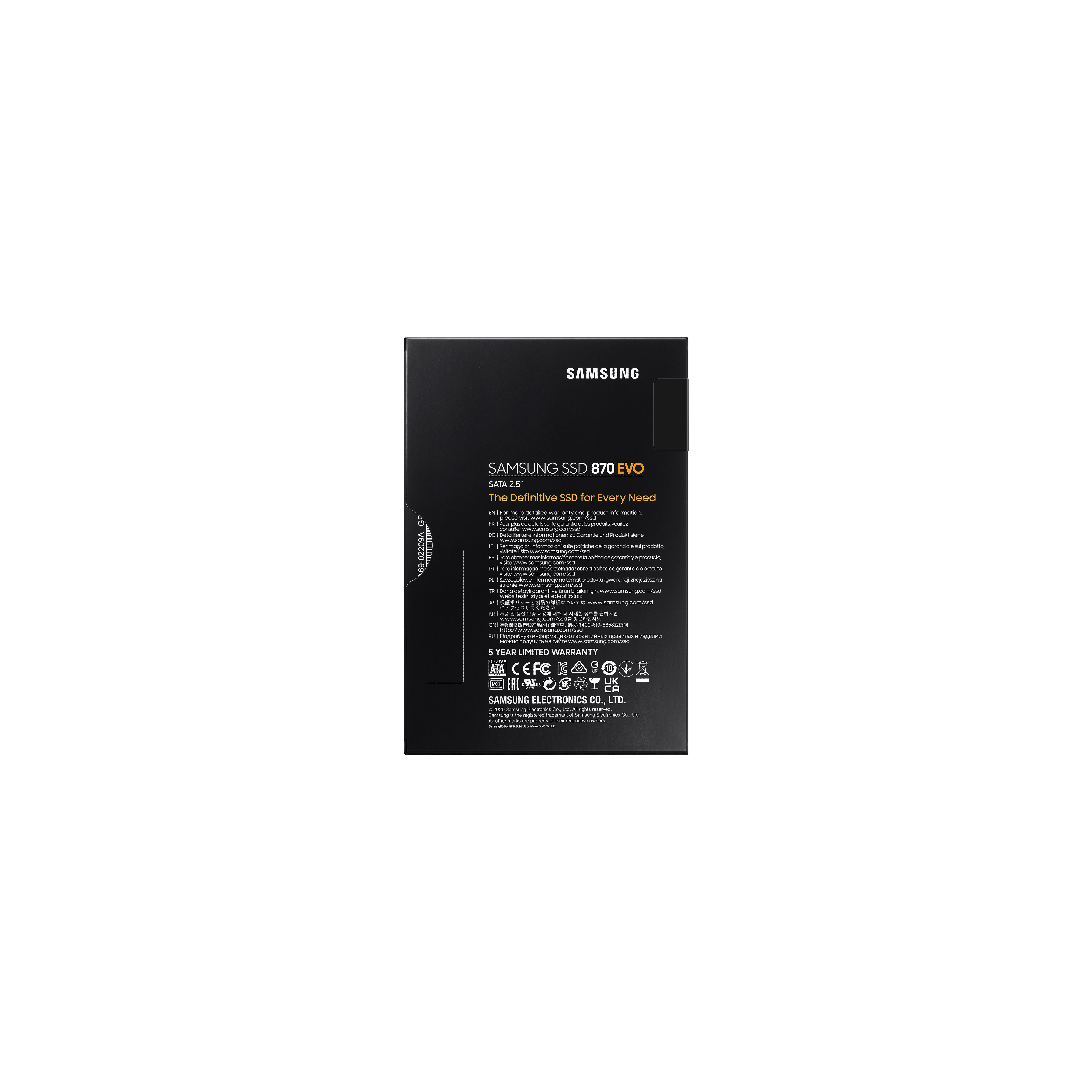 Czarne opakowanie Samsung SSD 870 EVO z informacjami o produkcie i gwarancji.