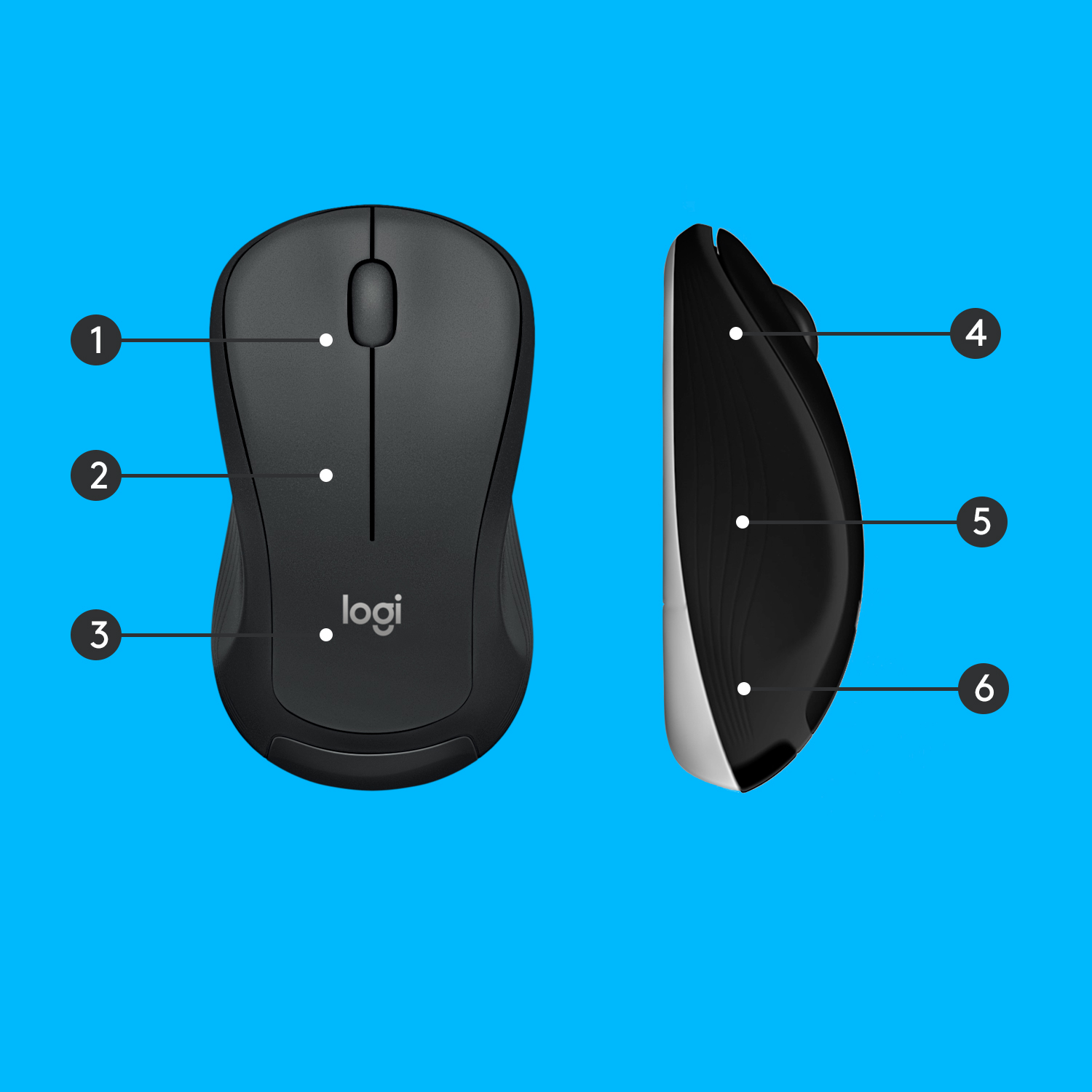 Czarna mysz Logitech, widok z przodu i z boku, z ponumerowanymi oznaczeniami.
