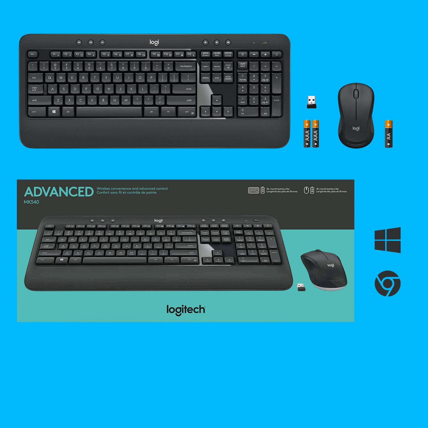 Zestaw klawiatury i myszy Logitech MK540 z odbiornikiem USB i bateriami.