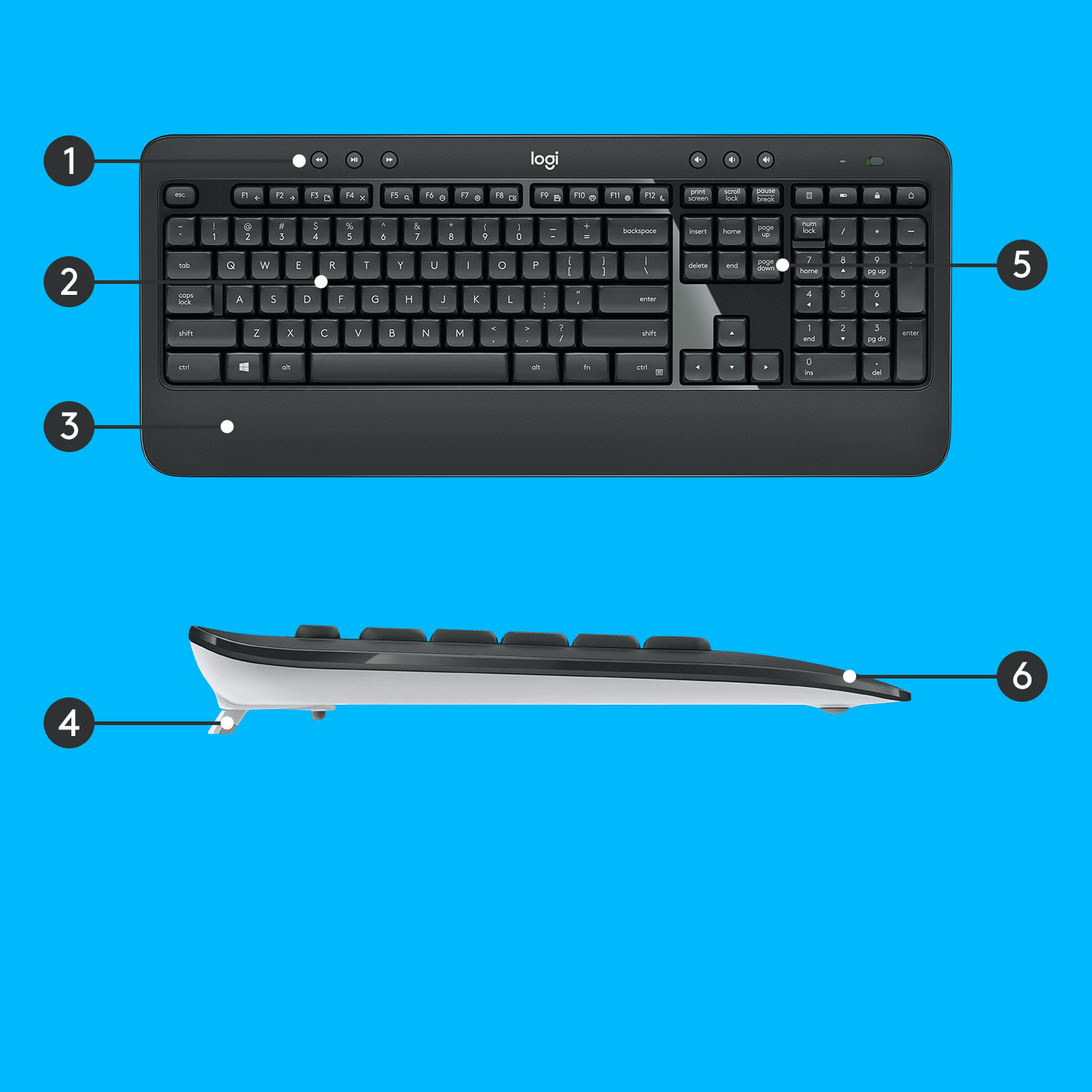 Czarna klawiatura Logitech z klawiaturą numeryczną i klawiszami multimedialnymi.