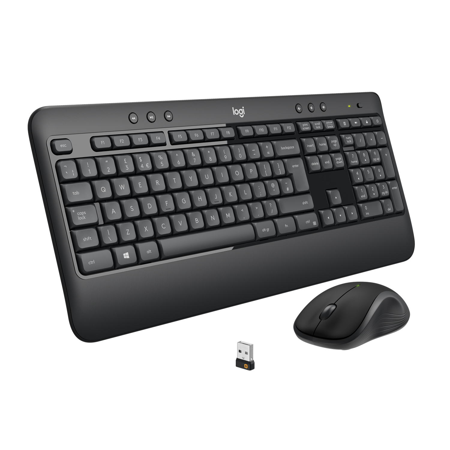 Czarna klawiatura, mysz i odbiornik USB Logitech na białym tle.