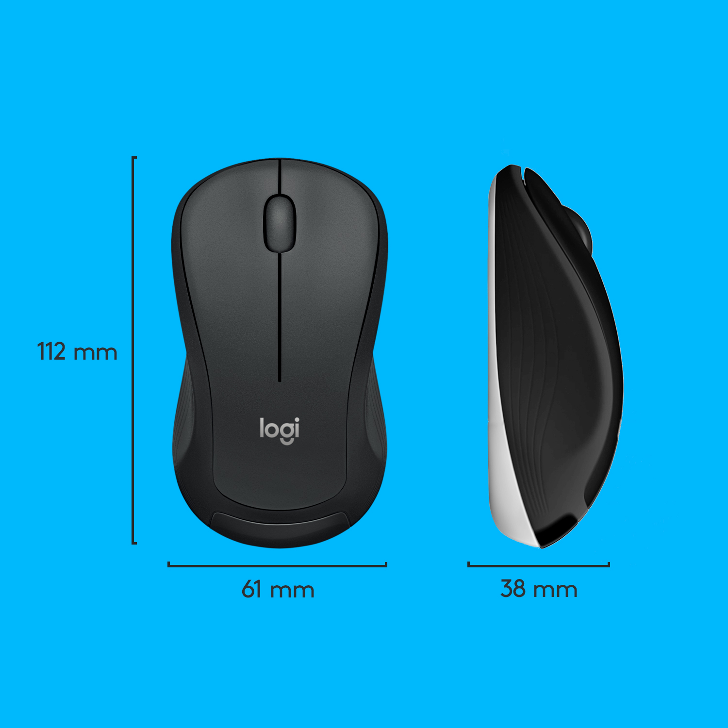 Czarna mysz Logitech, widok z przodu i z boku z wymiarami.
