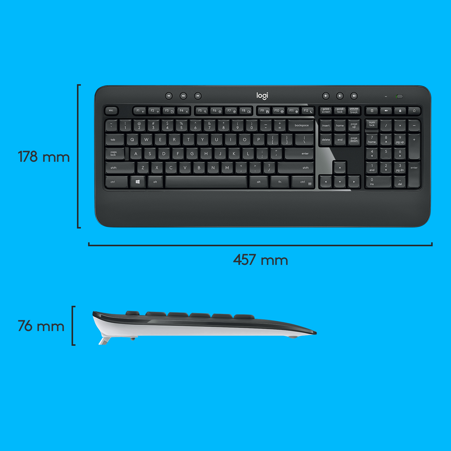 Czarna klawiatura Logitech o wymiarach 178 mm wysokości i 457 mm szerokości.
