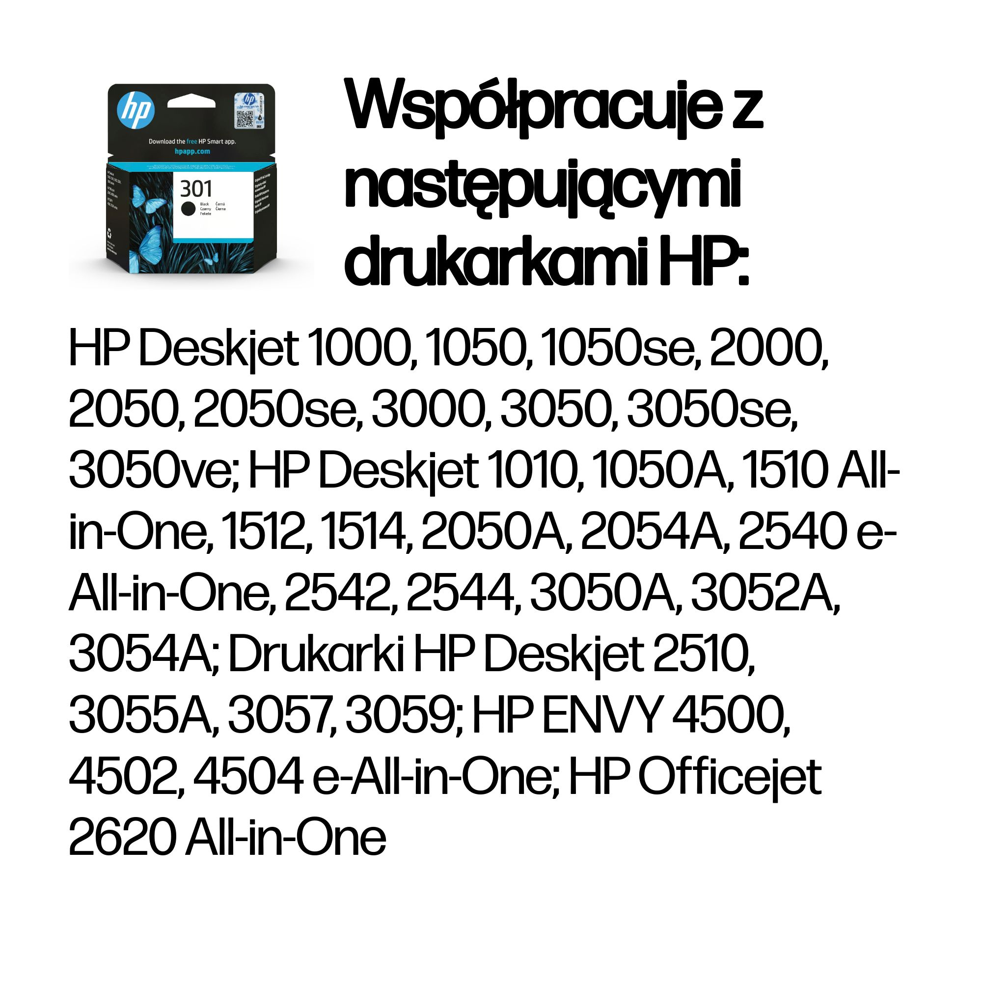 Czarny tusz HP 301 z motywem motyli i lista drukarek HP.