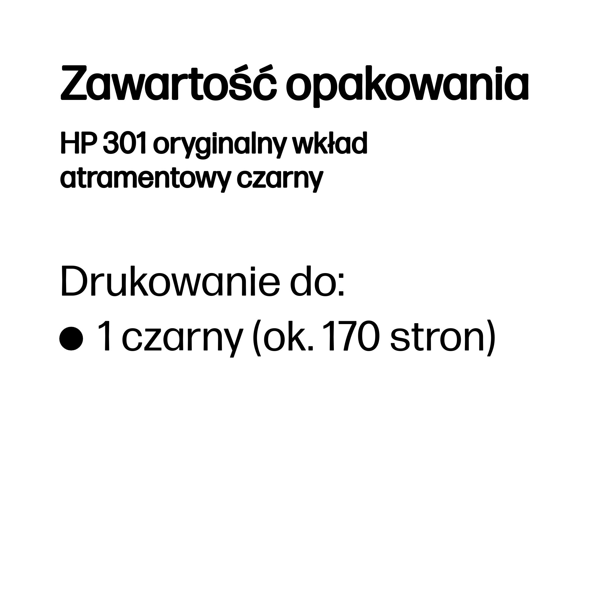 Zawartość opakowania: czarny tusz HP 301, ok. 170 stron.