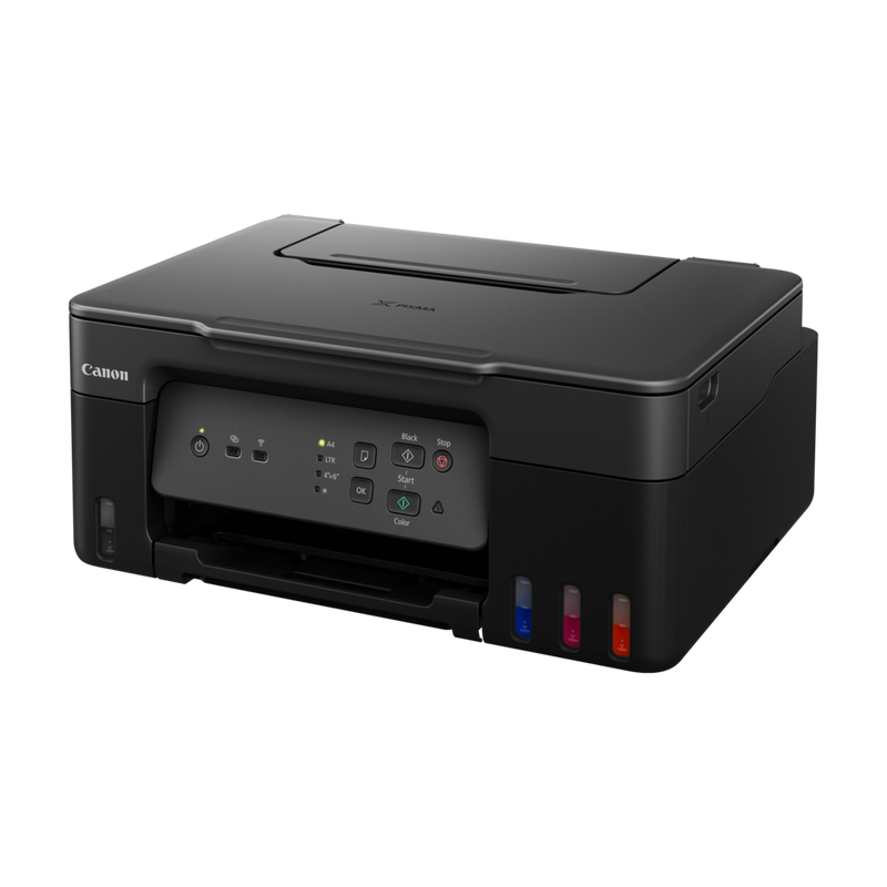 Czarna drukarka Canon Pixma z widocznymi zbiornikami na tusz i panelem sterowania.