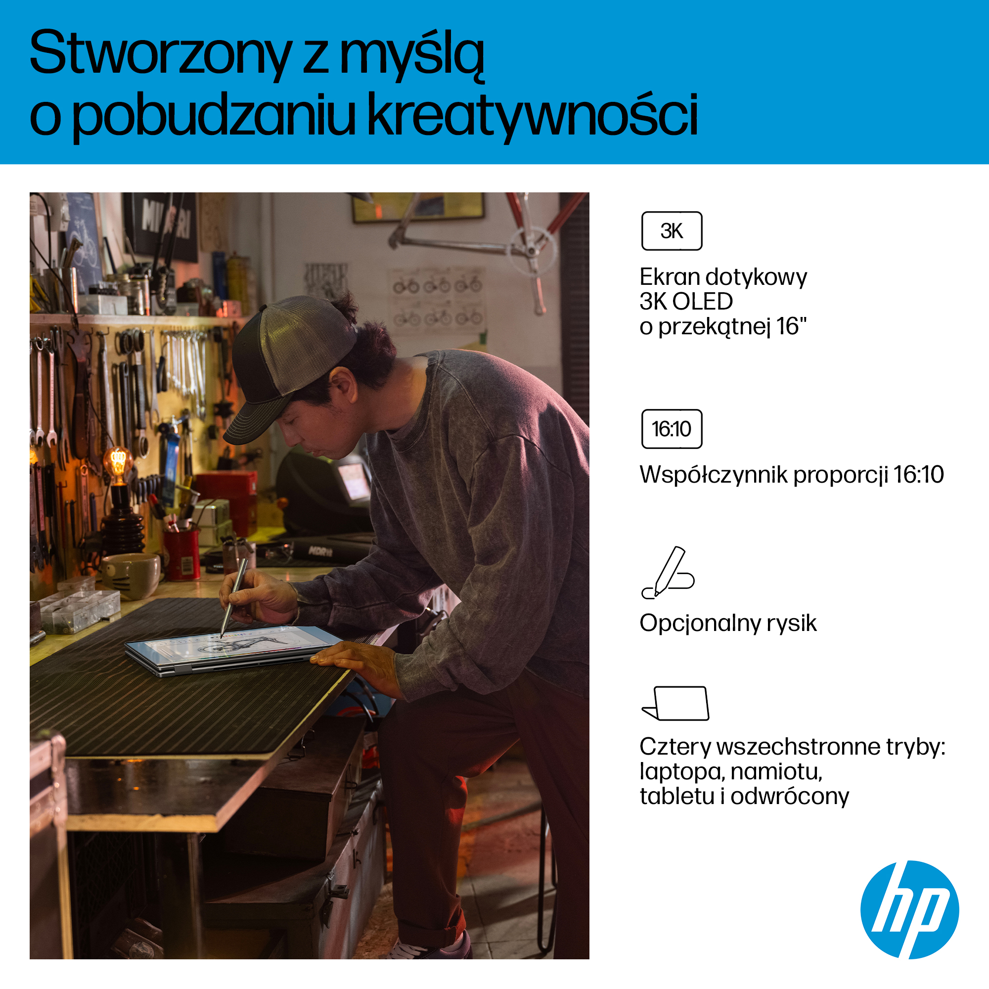 Mężczyzna w czapce rysuje na 16-calowym laptopie OLED w warsztacie.