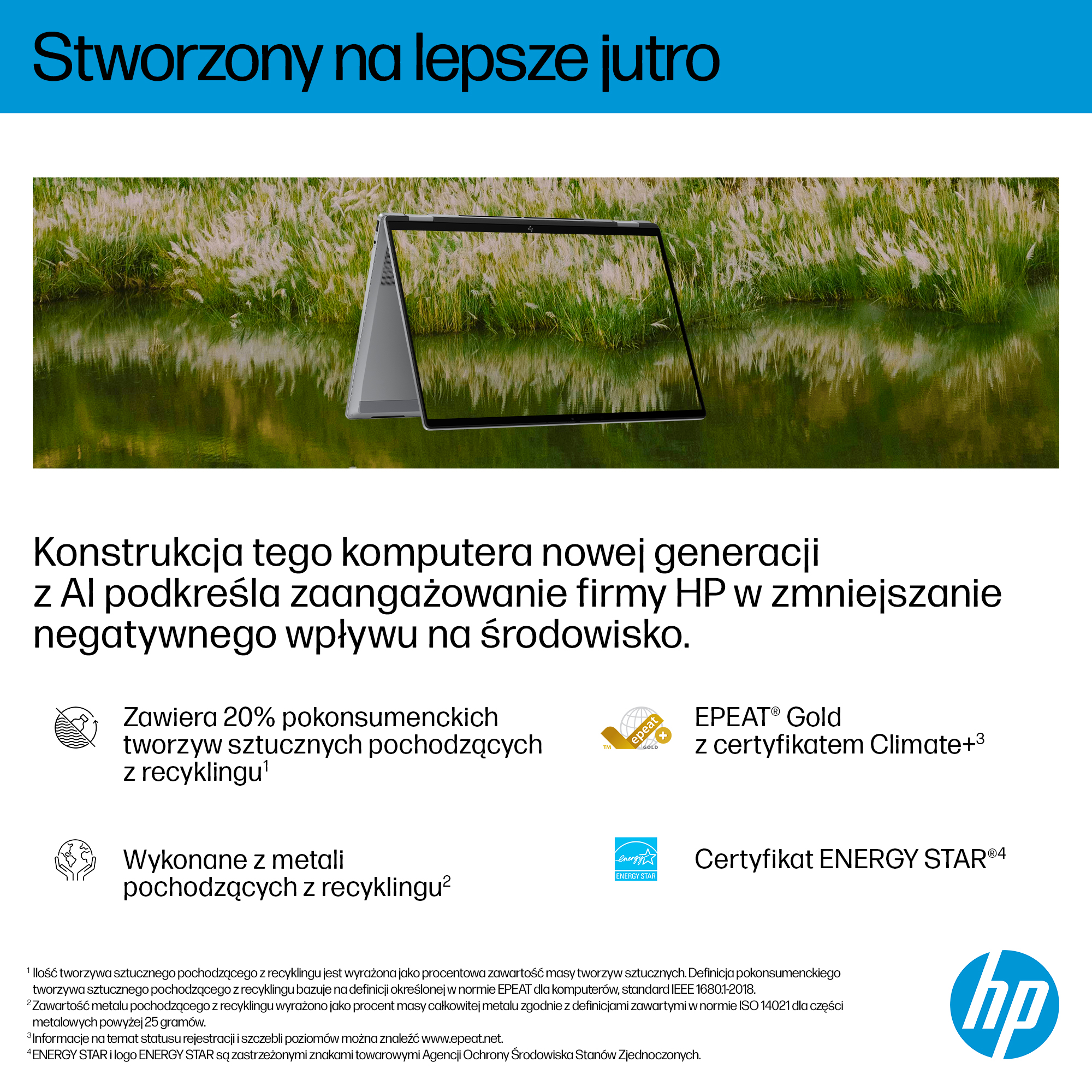 Laptop przed polem trzcin i wody. Logo HP w prawym dolnym rogu.