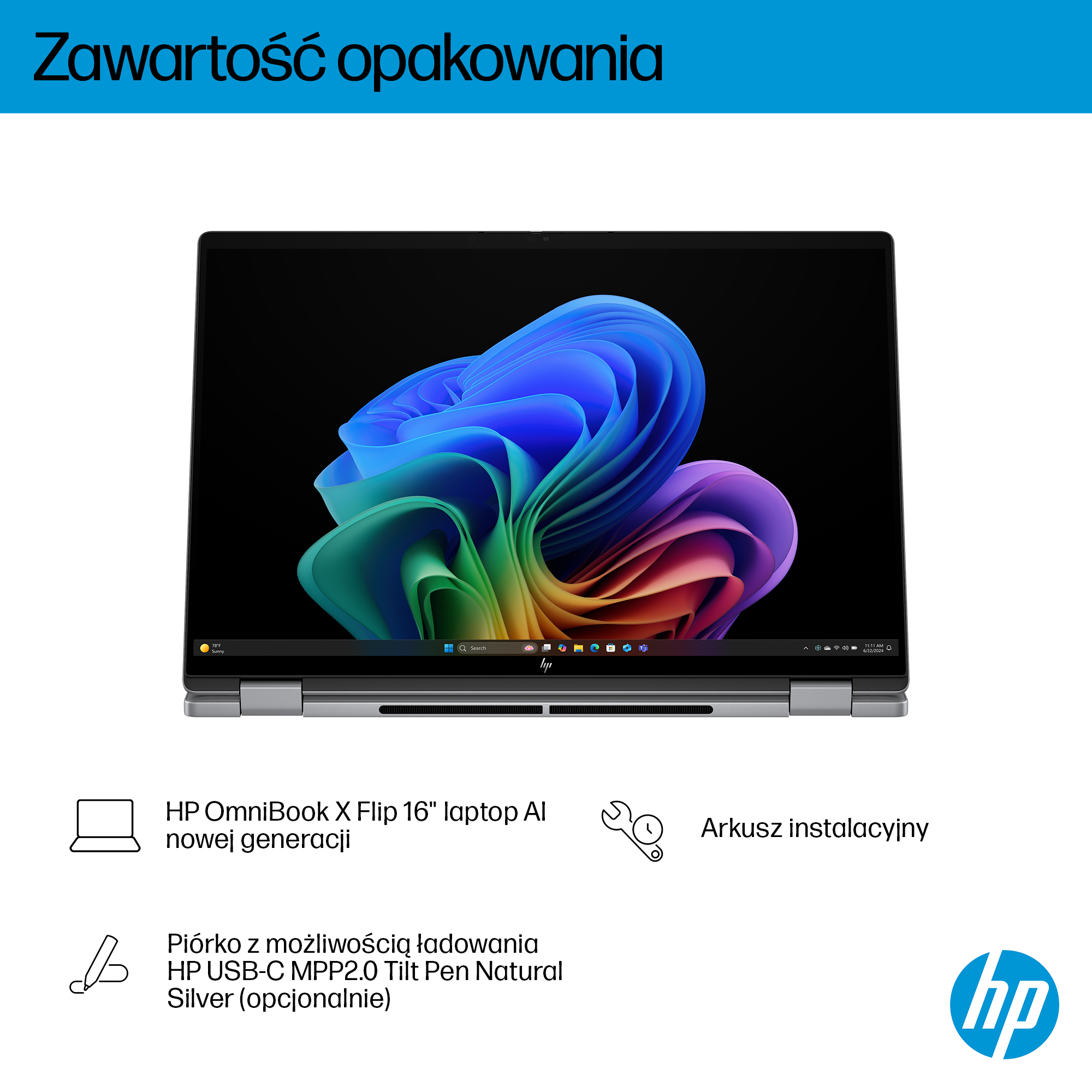 Laptop HP OmniBook X Flip 16" z kolorowym ekranem i akcesoriami.