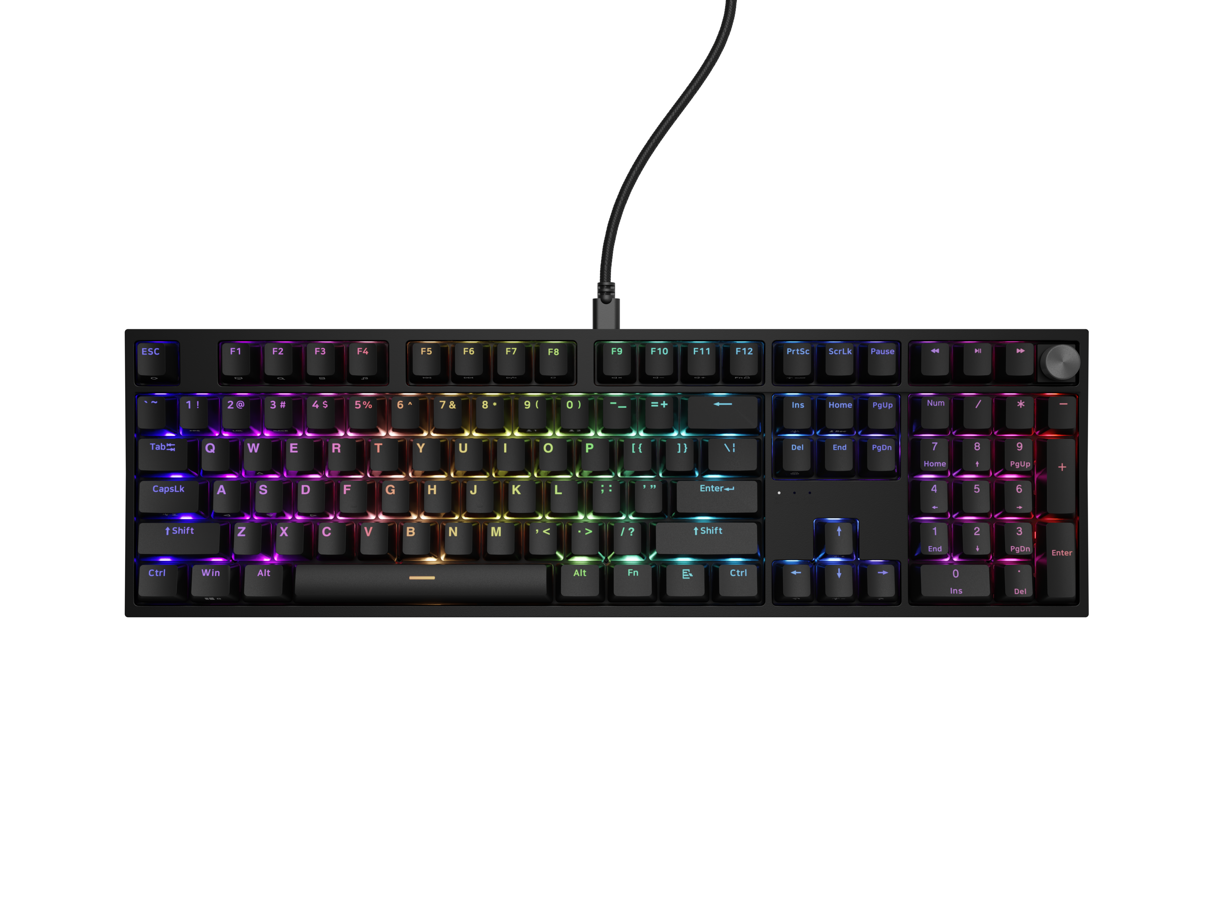 Czarna klawiatura z podświetleniem RGB, zbliżenie.