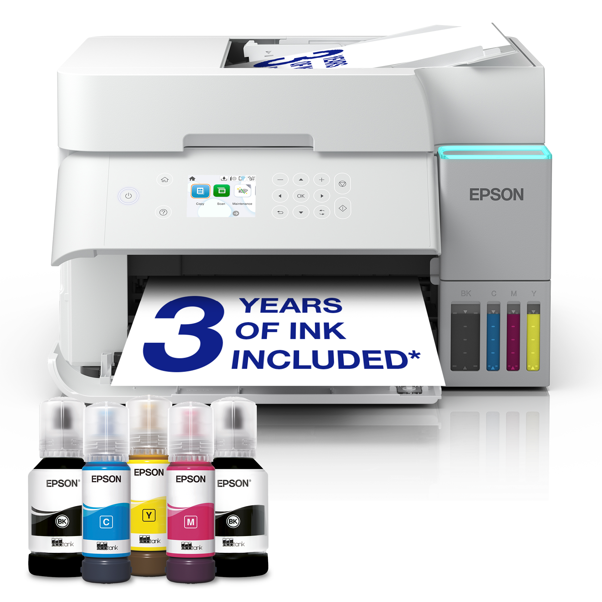 Biała drukarka Epson z butelkami z tuszem i papierem pokazujcym "3 lata tuszu w zestawie".