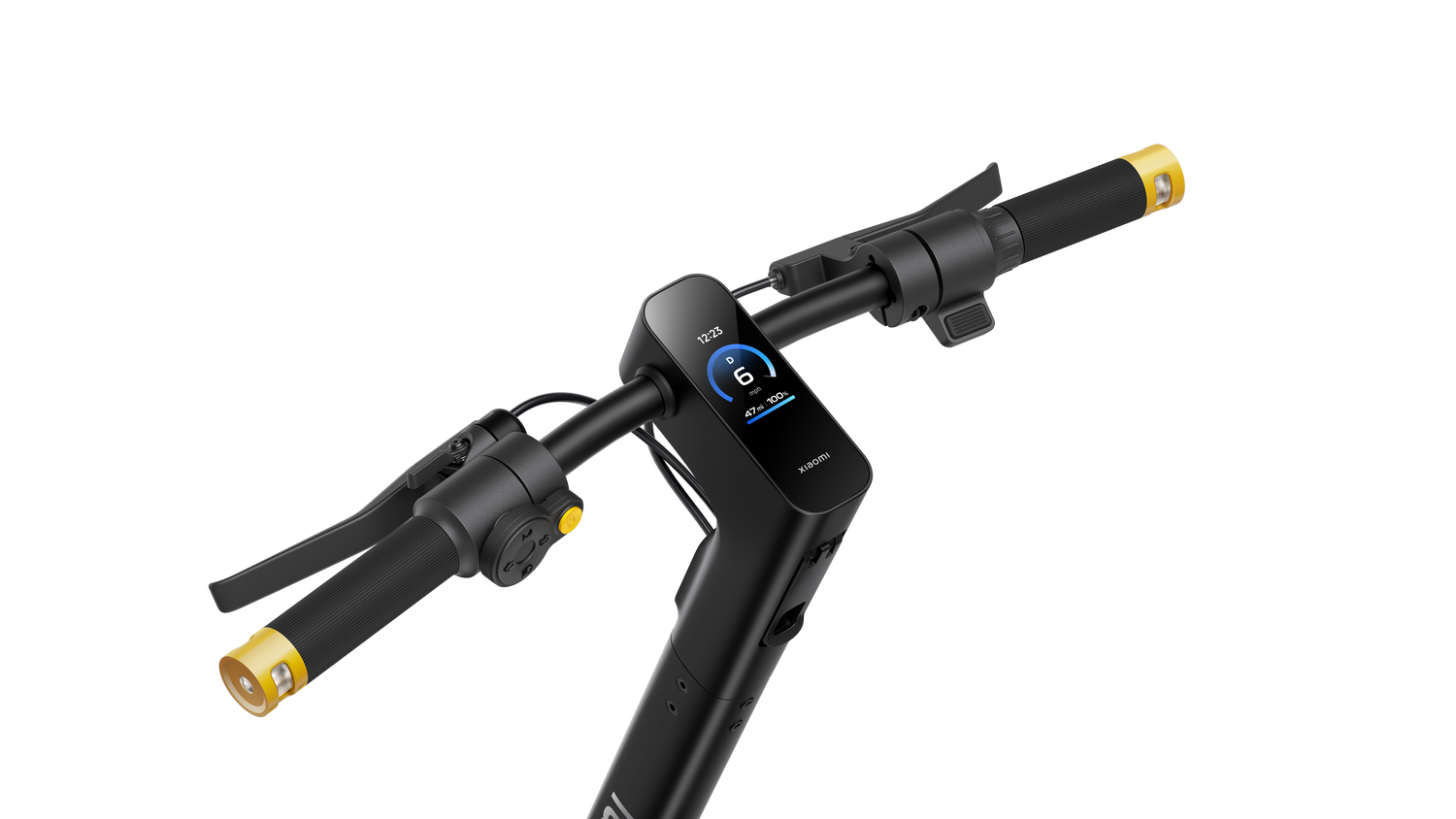 Primer plano del manillar de un e-scooter negro con detalles amarillos y pantalla digital.