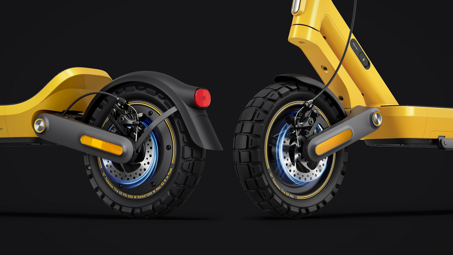 Patinete eléctrico amarillo, ruedas delanteras y traseras con neumáticos gruesos y frenos de disco.