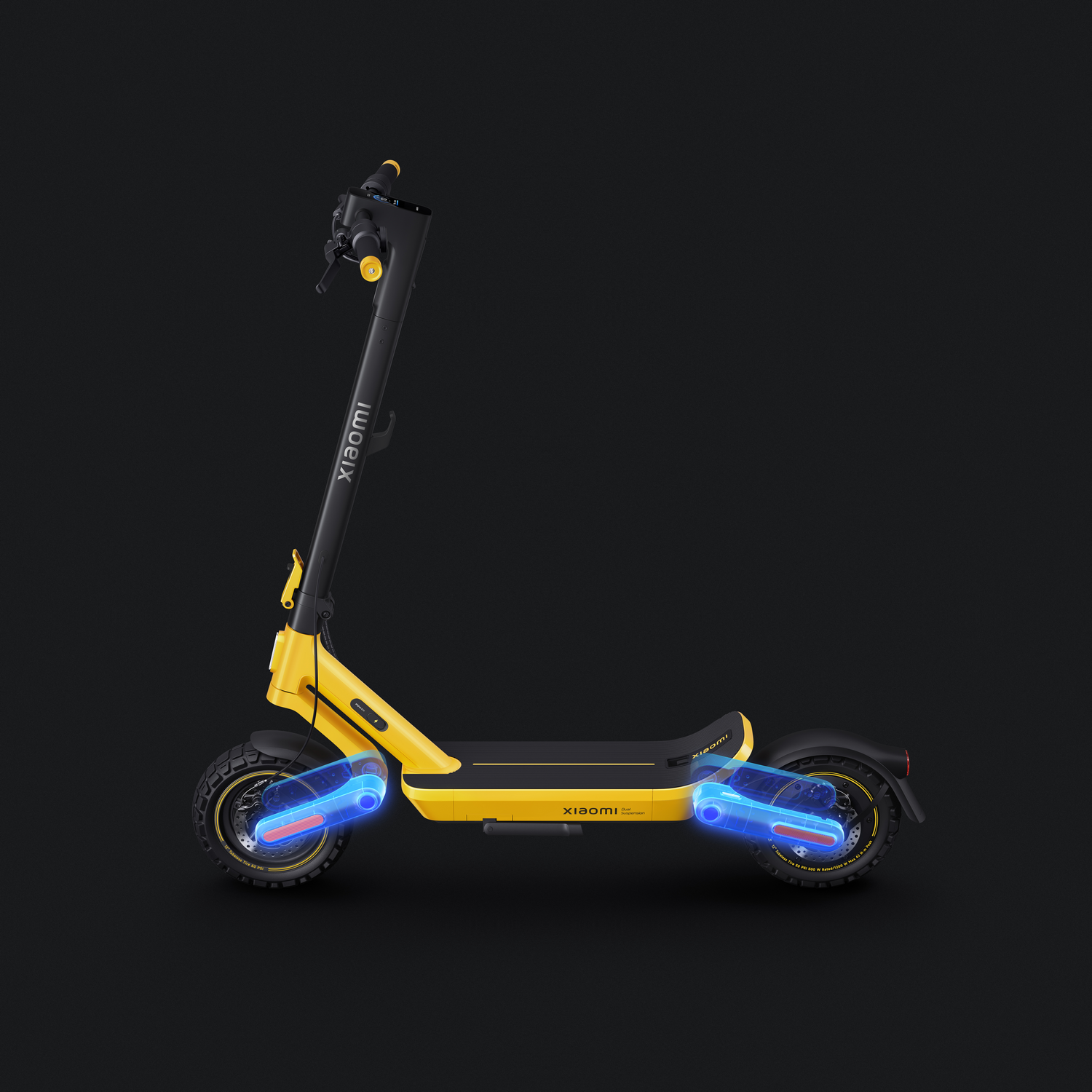 Patinete eléctrico Xiaomi amarillo con suspensión resaltada en azul sobre fondo negro.