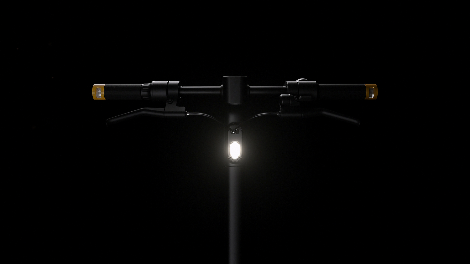 Manillar de patinete eléctrico con faro encendido y puños negros.