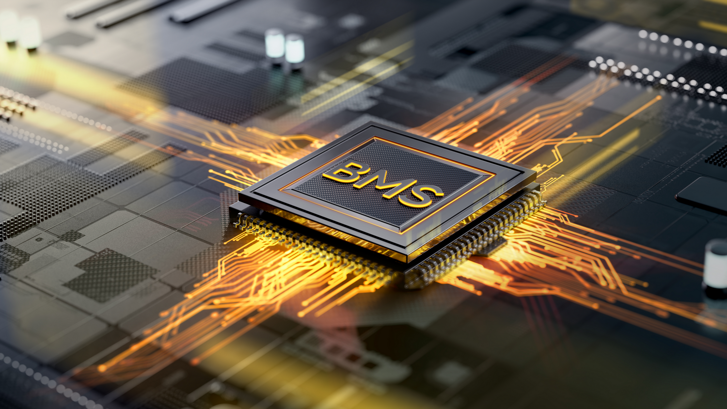 Un chip central con la etiqueta "BMS" en una placa de circuito con líneas naranjas brillantes.