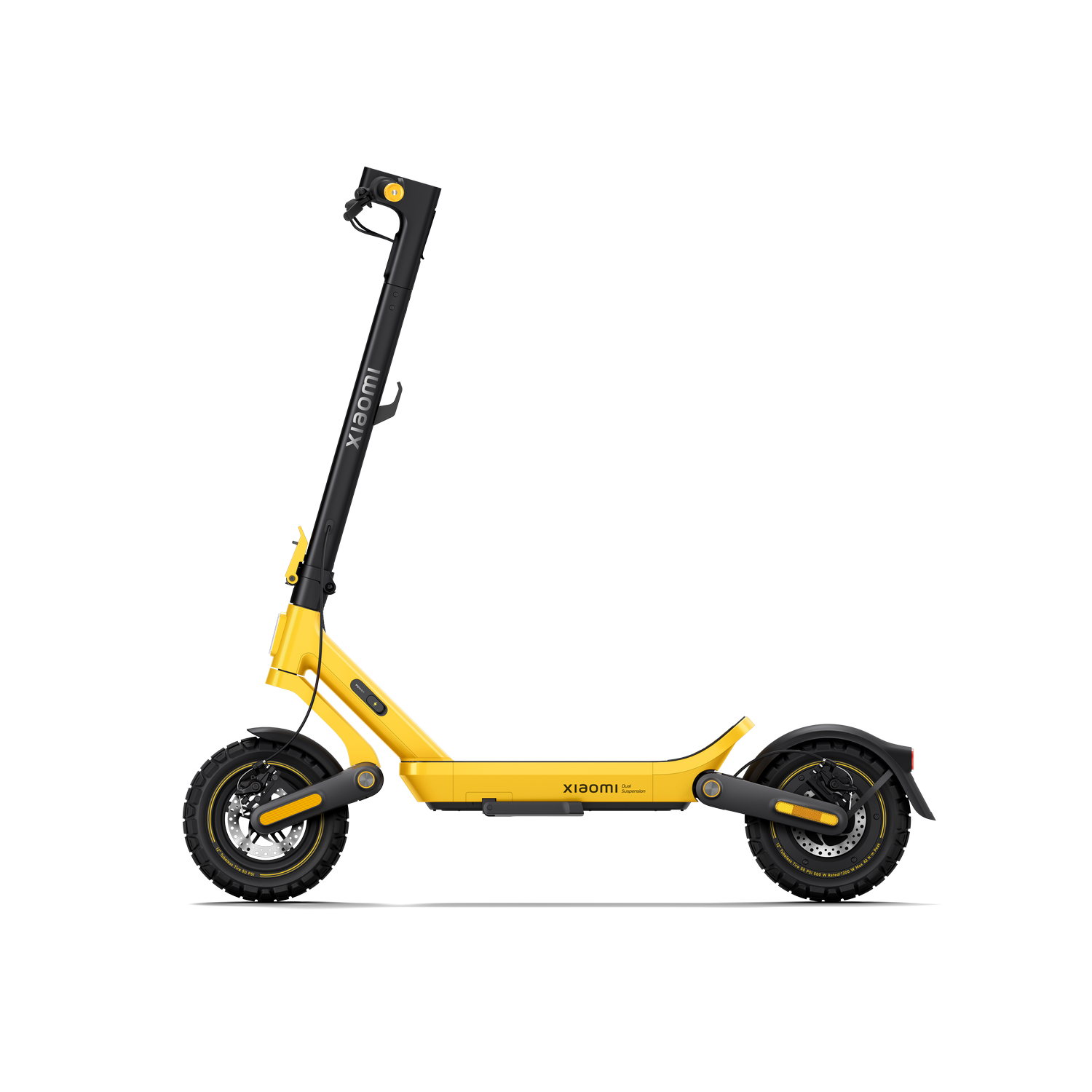 Patinete eléctrico Xiaomi amarillo con manillar y ruedas negras, sobre fondo gris.