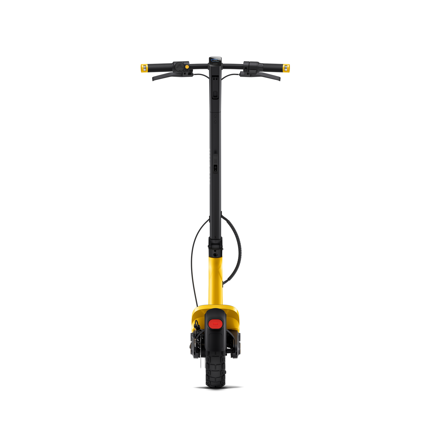 Patinete eléctrico con manillar negro, plataforma amarilla y rueda negra. Fondo gris.