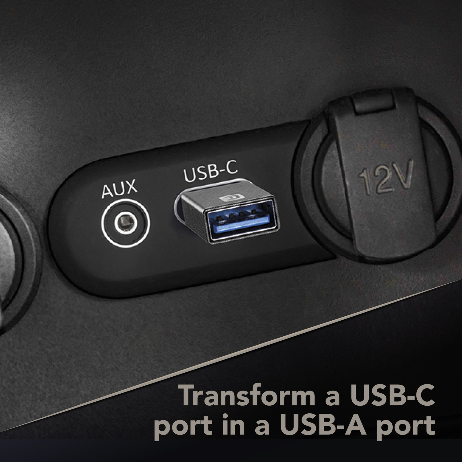 Porta USB-C, jack AUX e presa da 12V con coperchio a ribalta.