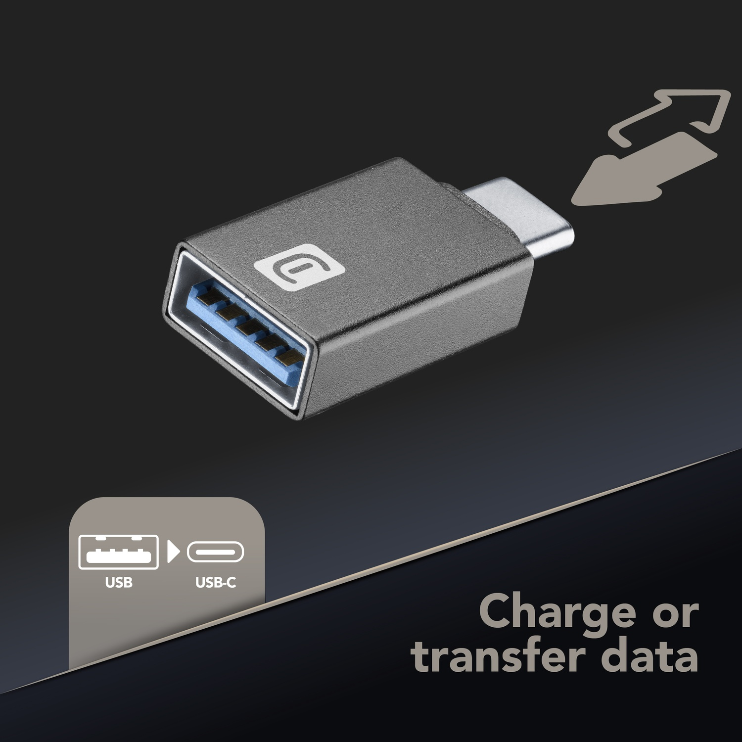 Adattatore USB-C grigio con porta USB-A e spina USB-C.
