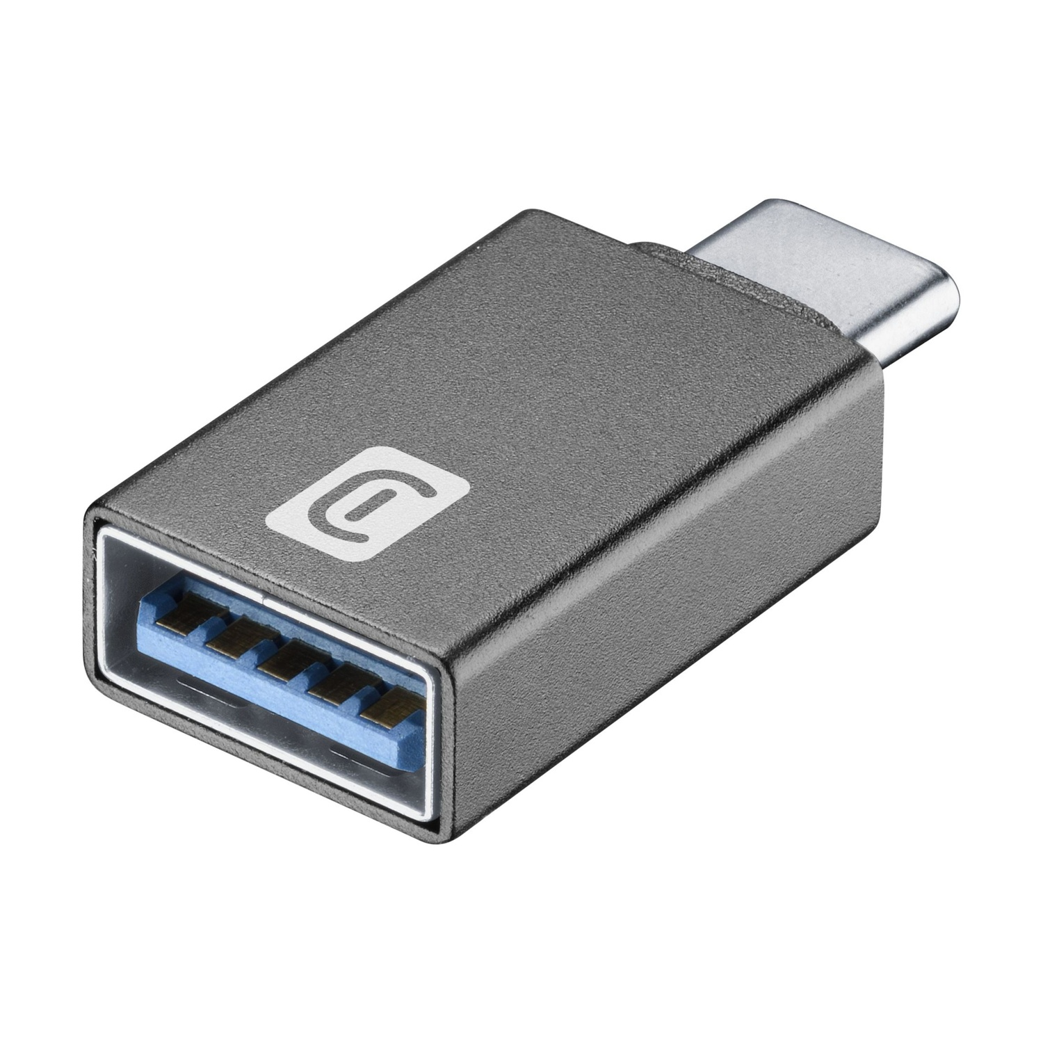 Adattatore da USB-C a USB-A grigio con porta blu e logo aziendale.