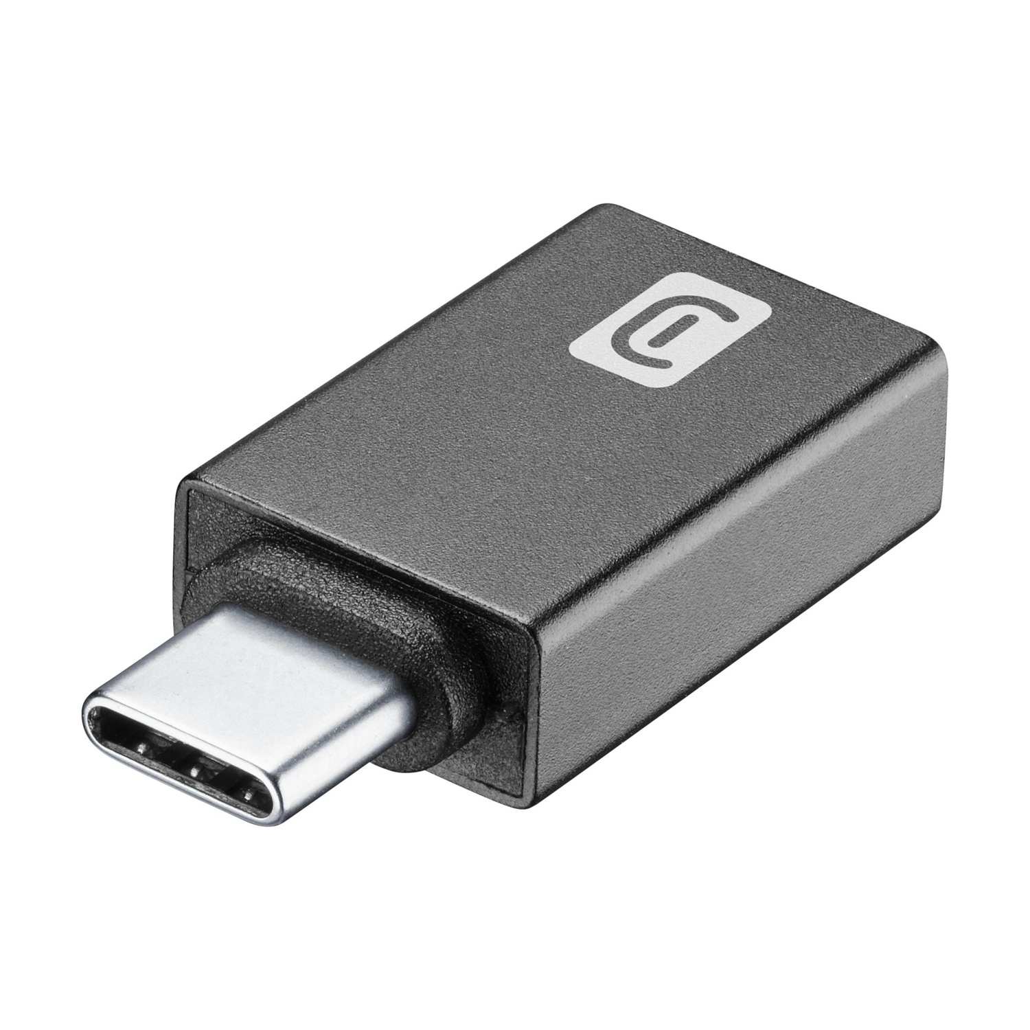 Un adattatore USB-C grigio con un logo sulla superficie superiore.