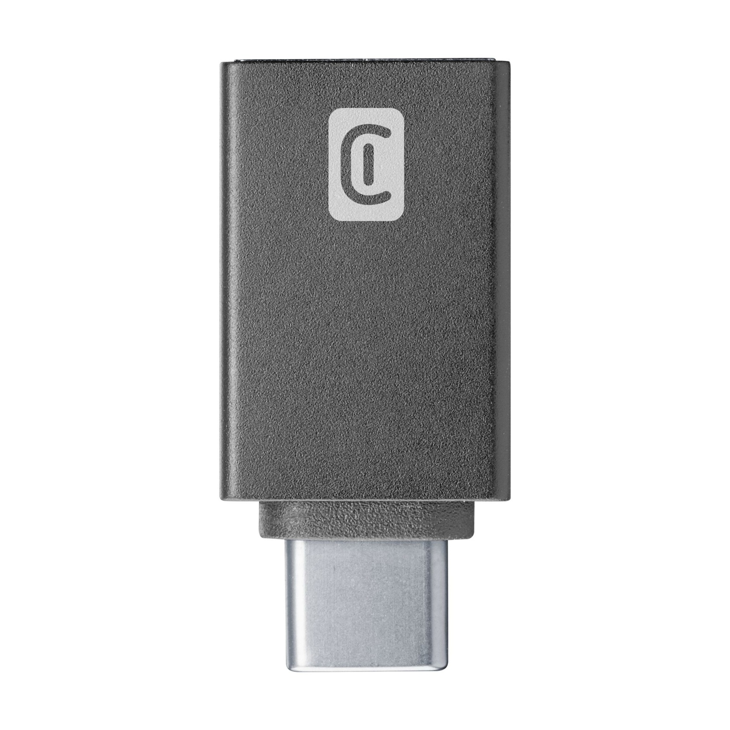 Un adattatore USB-C scuro con un logo bianco.