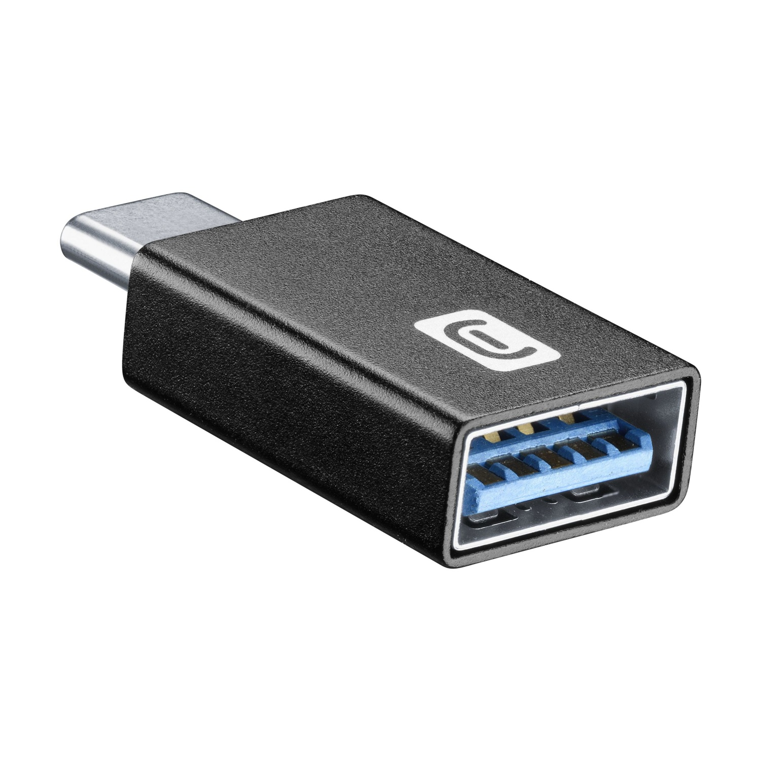 Adattatore USB-C a USB-A nero con connettore blu.